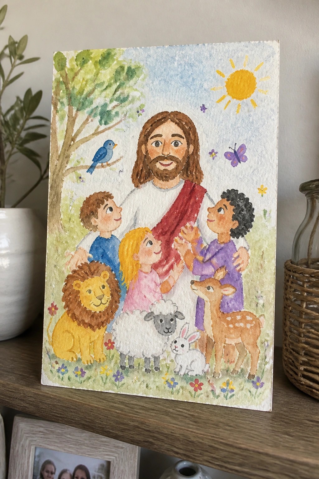 Watercolor of Jesus in white robe with red sash, children, lion, sheep, and deer in sunny meadow.