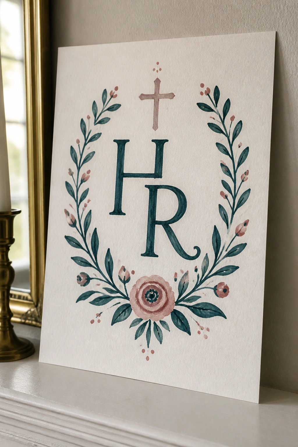 Watercolor HR monogram with pink floral wreath, leaves, and cross