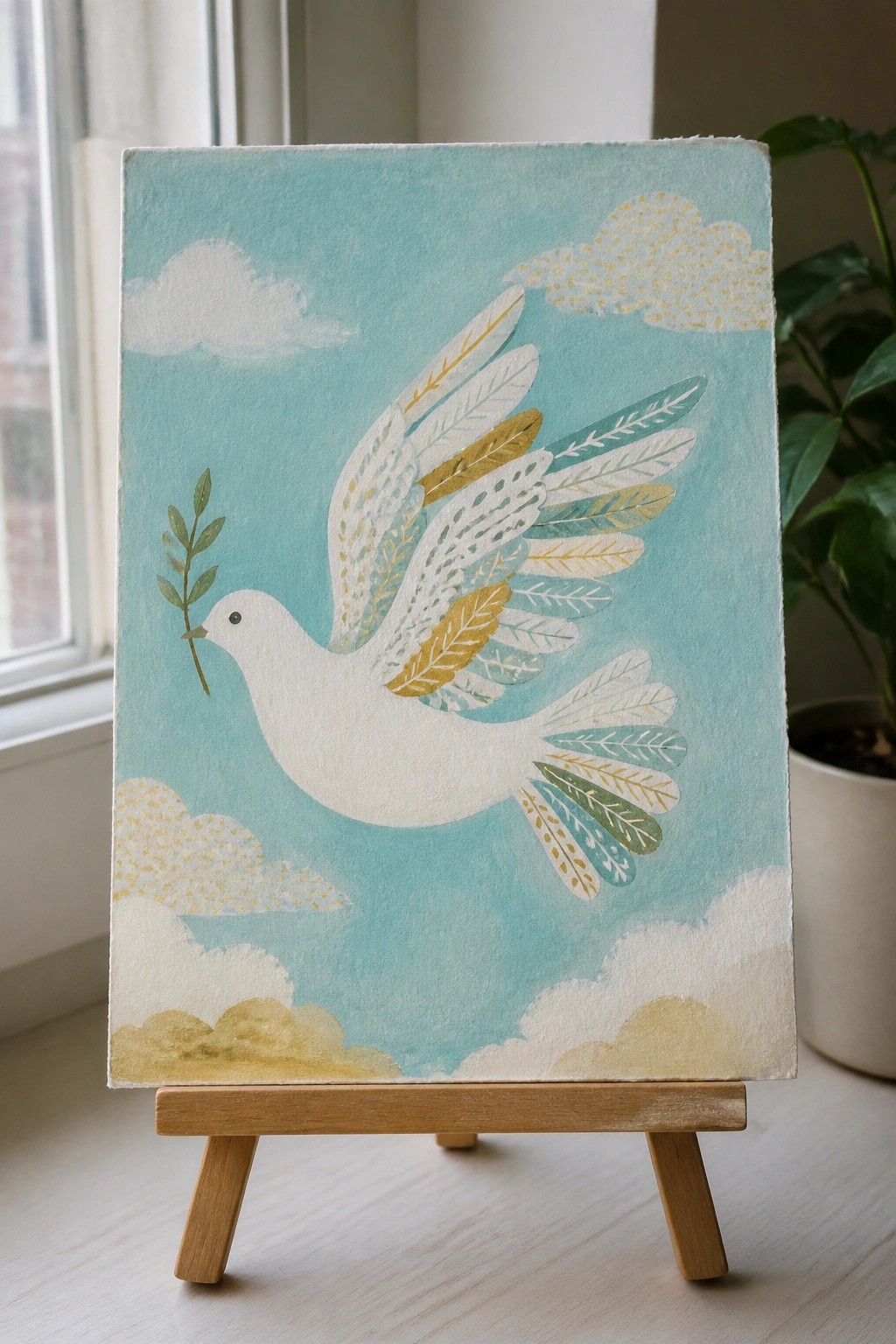 White dove with gold-teal patterned wings carries olive branch in cloudy blue sky.