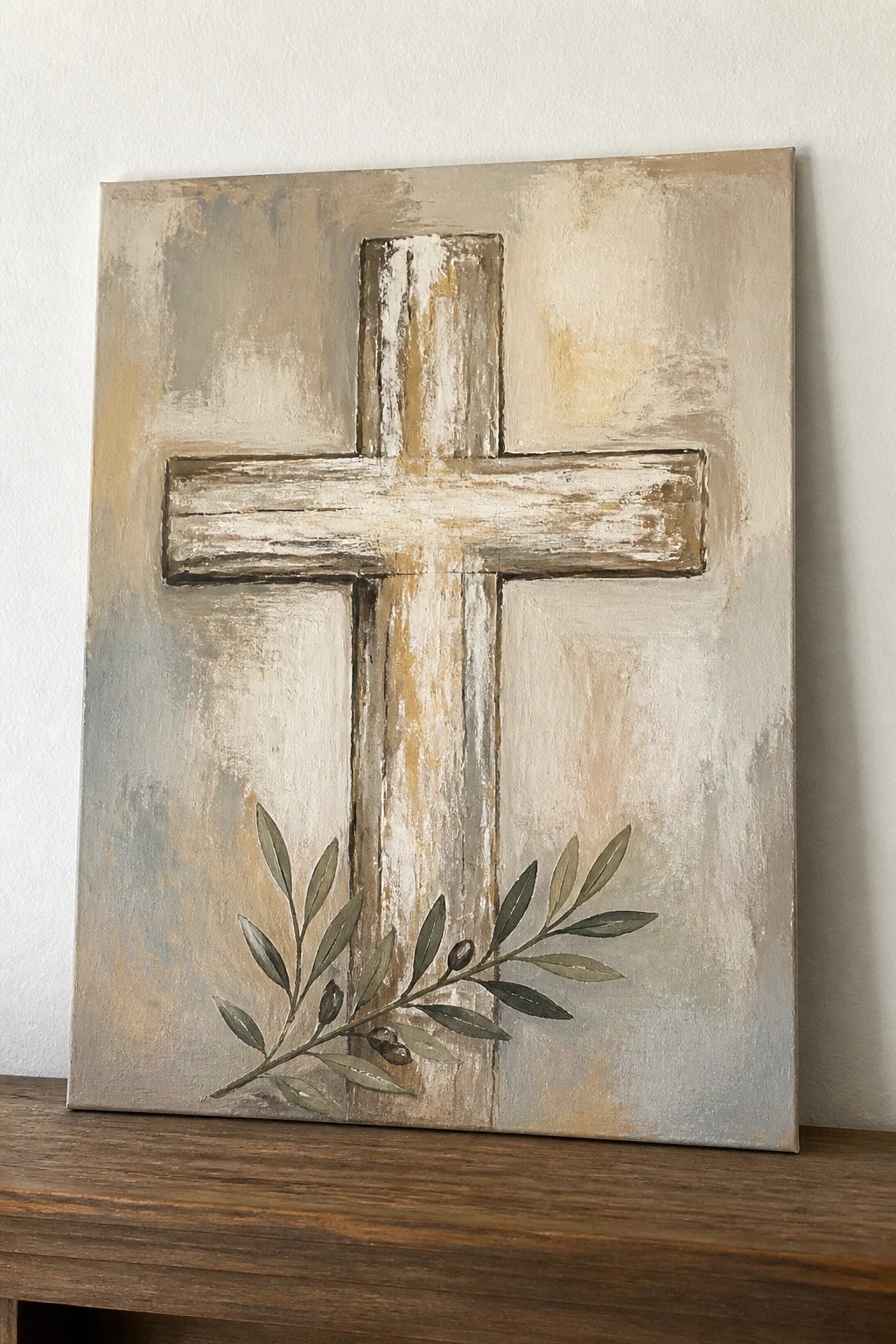 Rustic distressed cross with olive branch on textured beige-gray canvas background