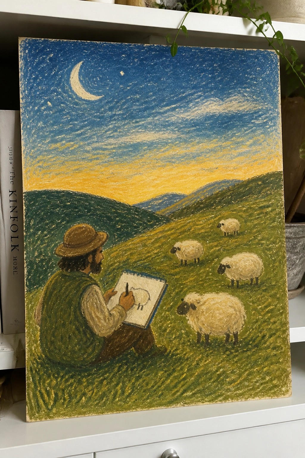 Man in hat and green vest sketches sheep on hillside under crescent moon sky