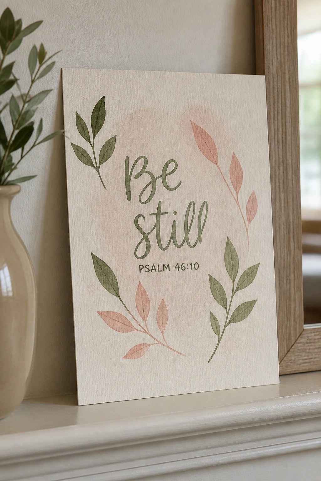 Be still Psalm 46:10 print with green and pink leaves on mantel beside vase