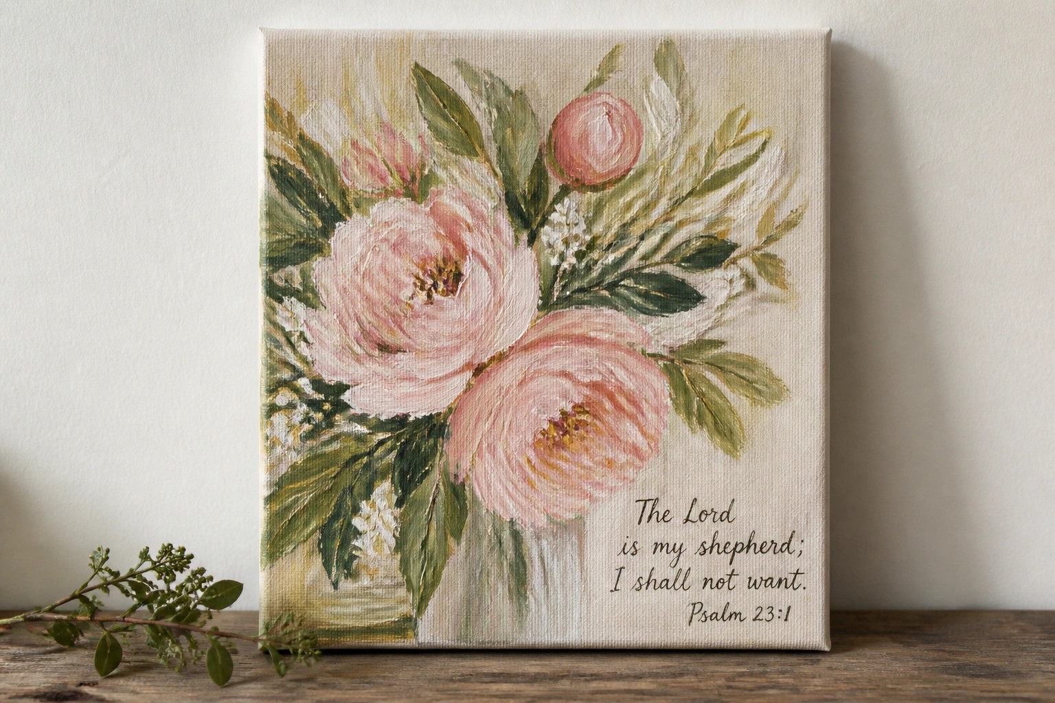 Pink peony painting with Psalm 23:1 gold text on wooden shelf