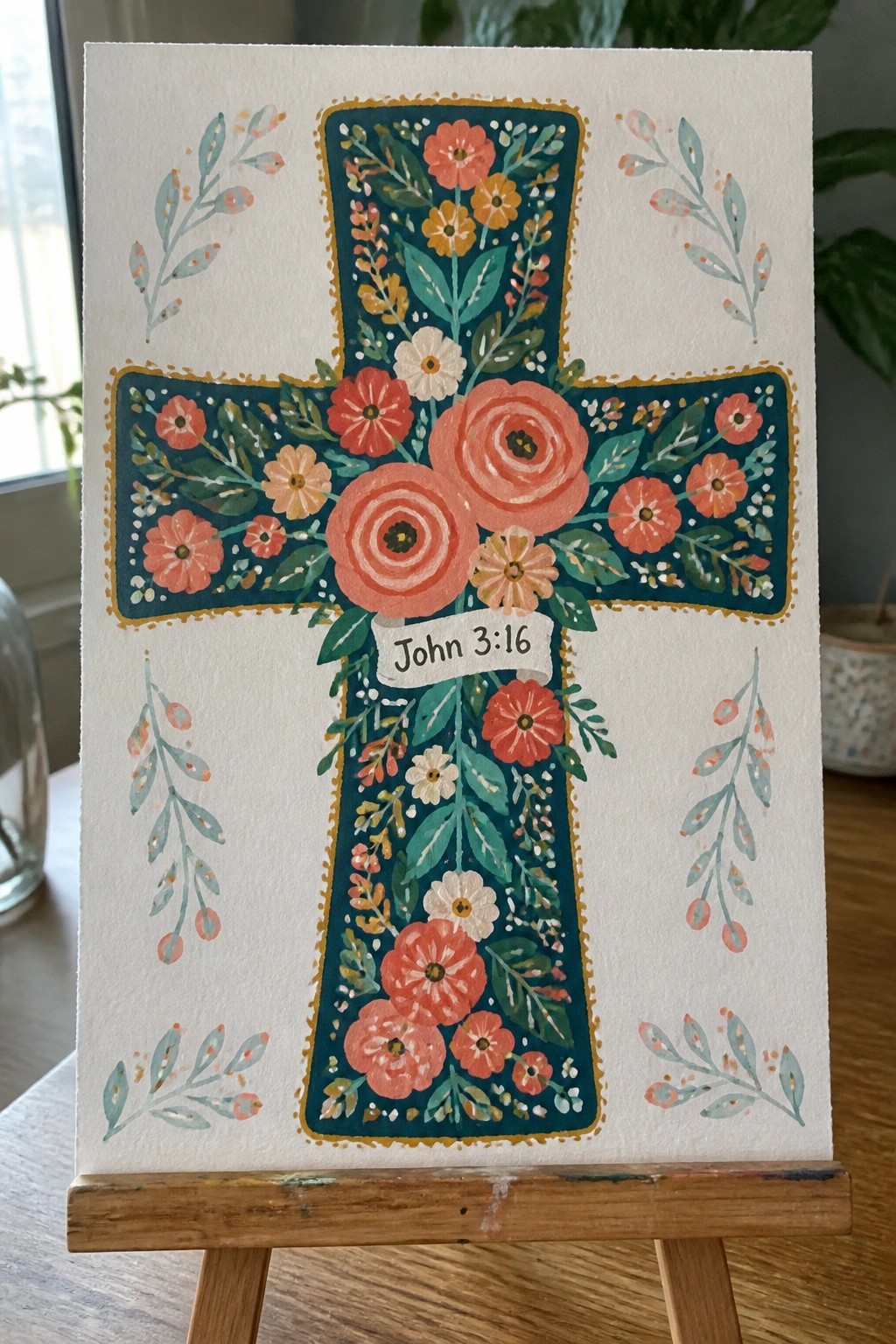 Watercolor floral cross in teal with coral blooms and John 3:16 banner on easel