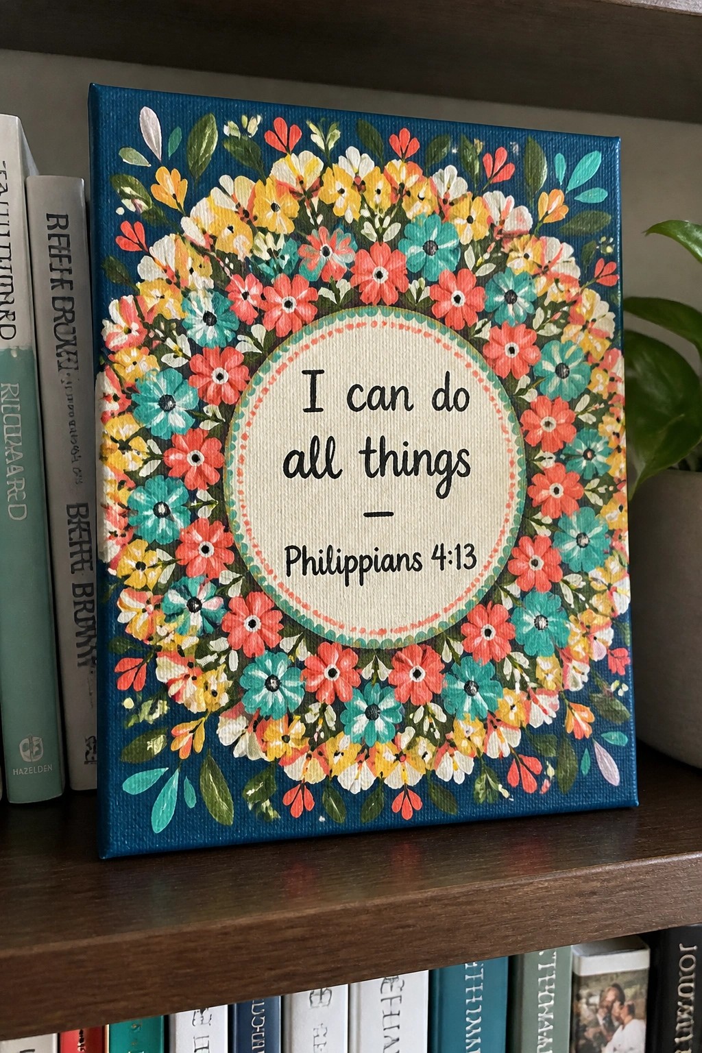 A square canvas painting shows a ring of red, yellow, teal, and white flowers on a blue background with the text 