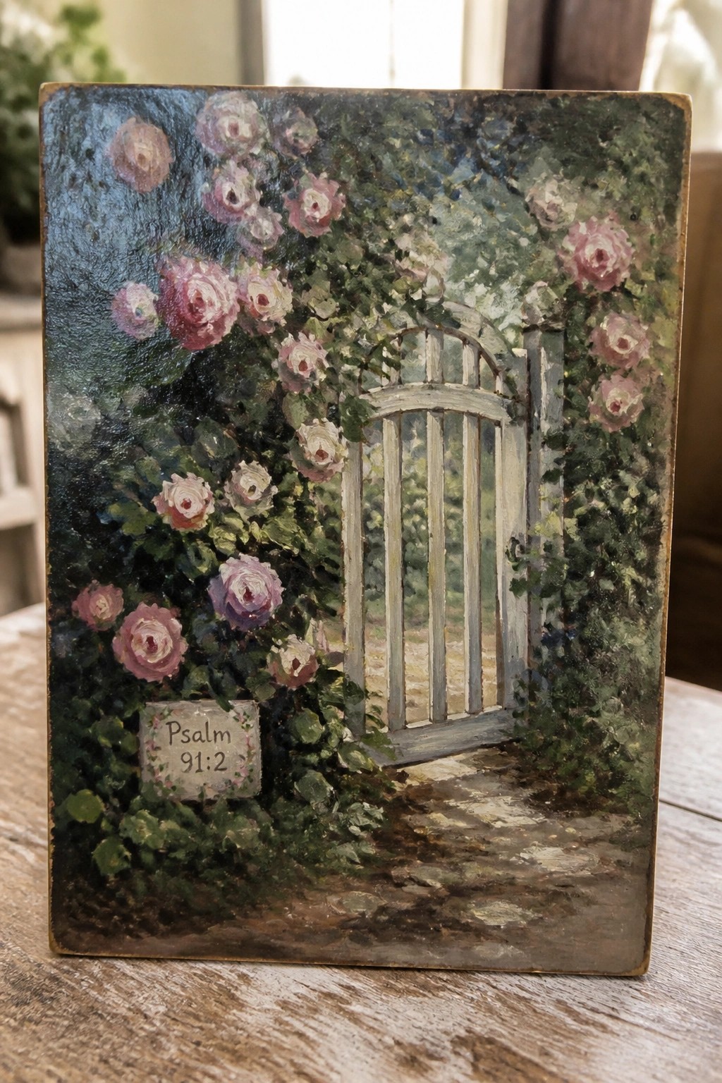 Painting of white gate amid pink roses with Psalm 91:2 sign on path.