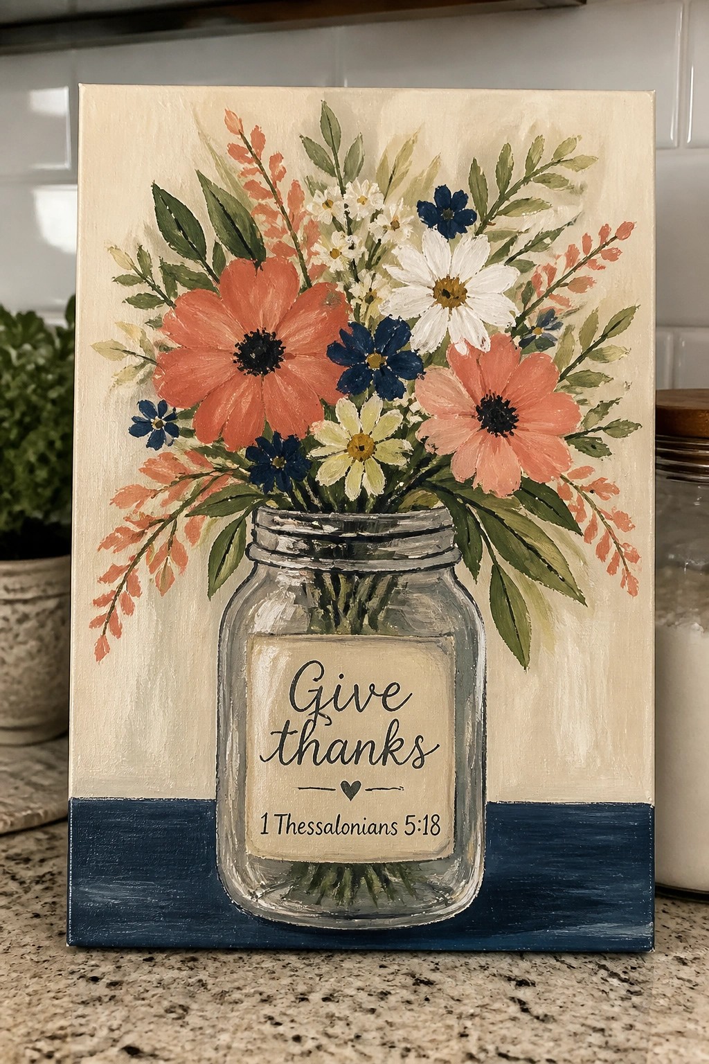 Painted canvas of a mason jar holding coral, white, and blue flowers with a 