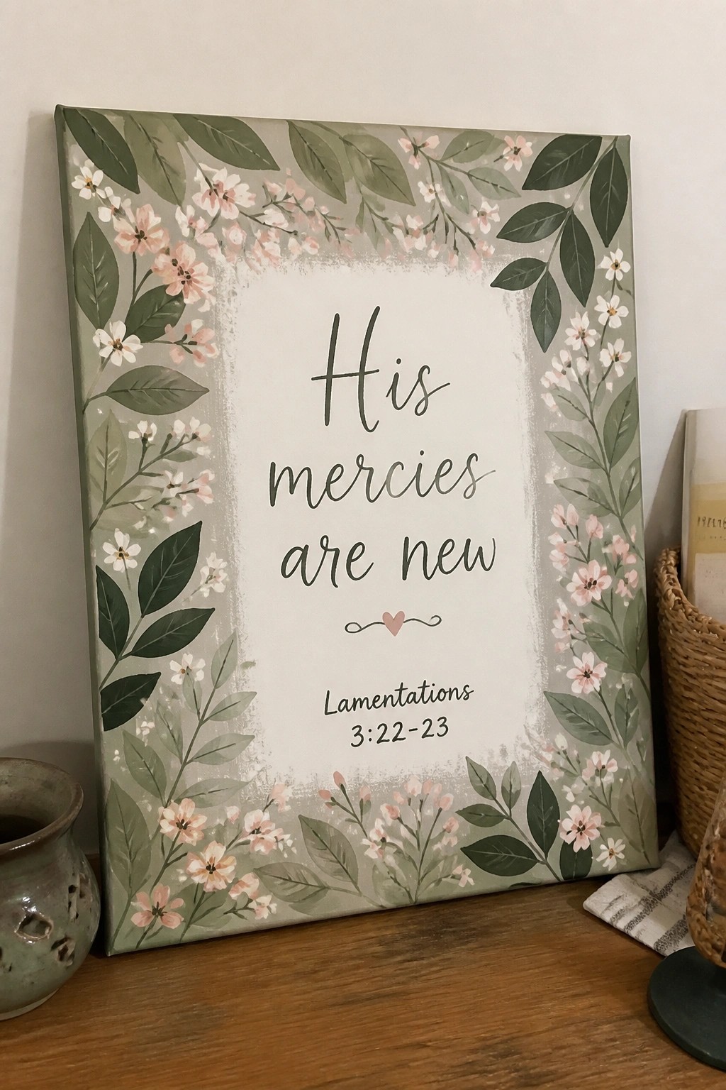 Floral canvas sign with green leaves and pink flowers around 