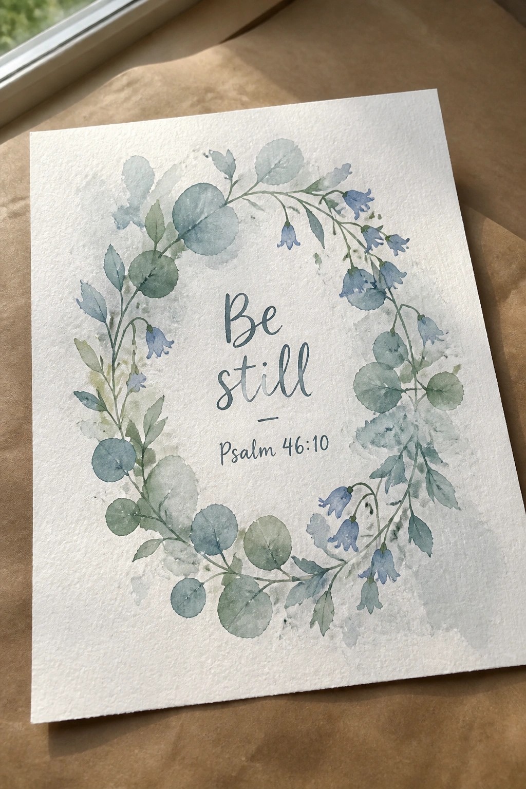 Watercolor wreath of blue flowers and green leaves around 