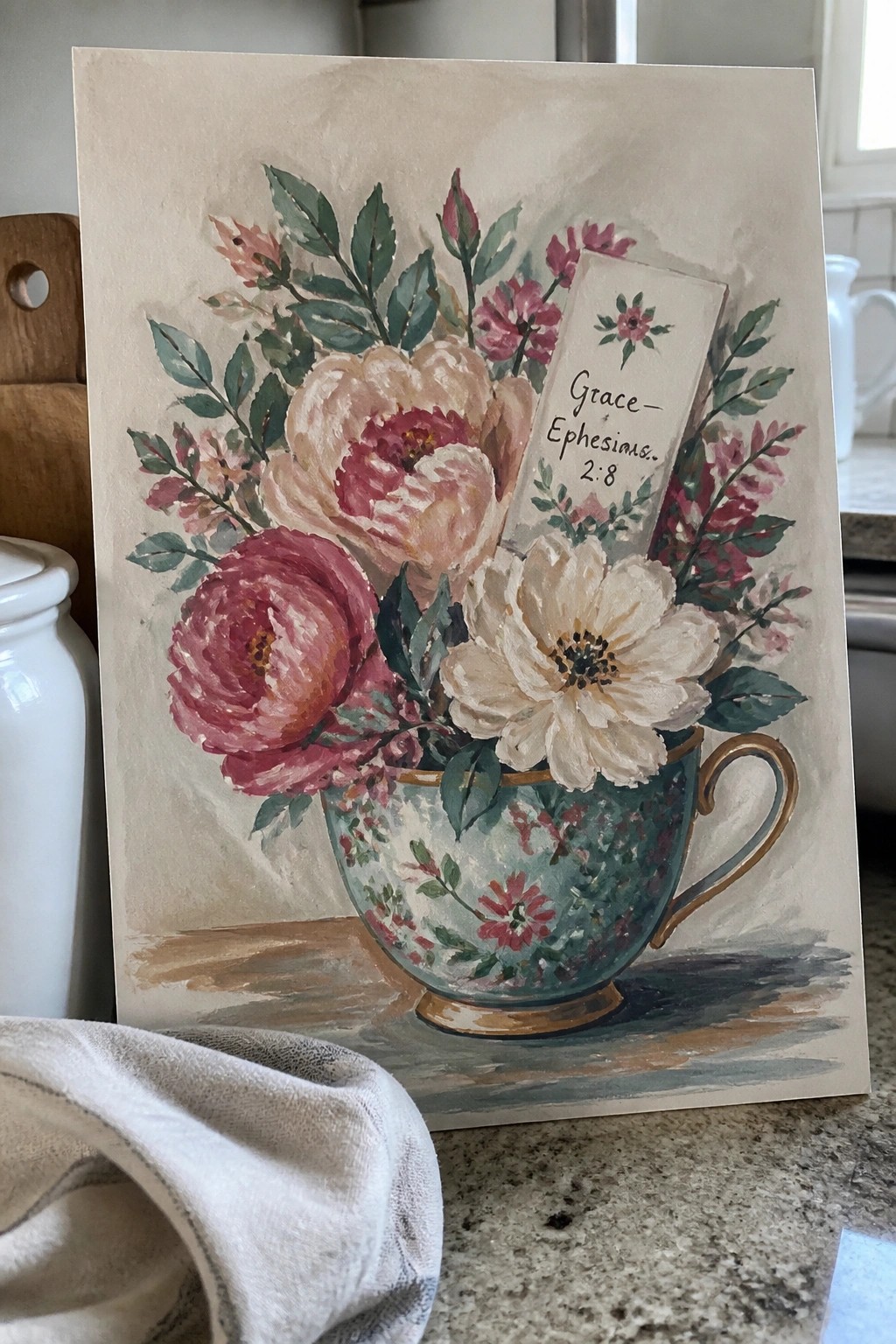 Watercolor painting of pink peonies in a floral teacup with grace verse sign