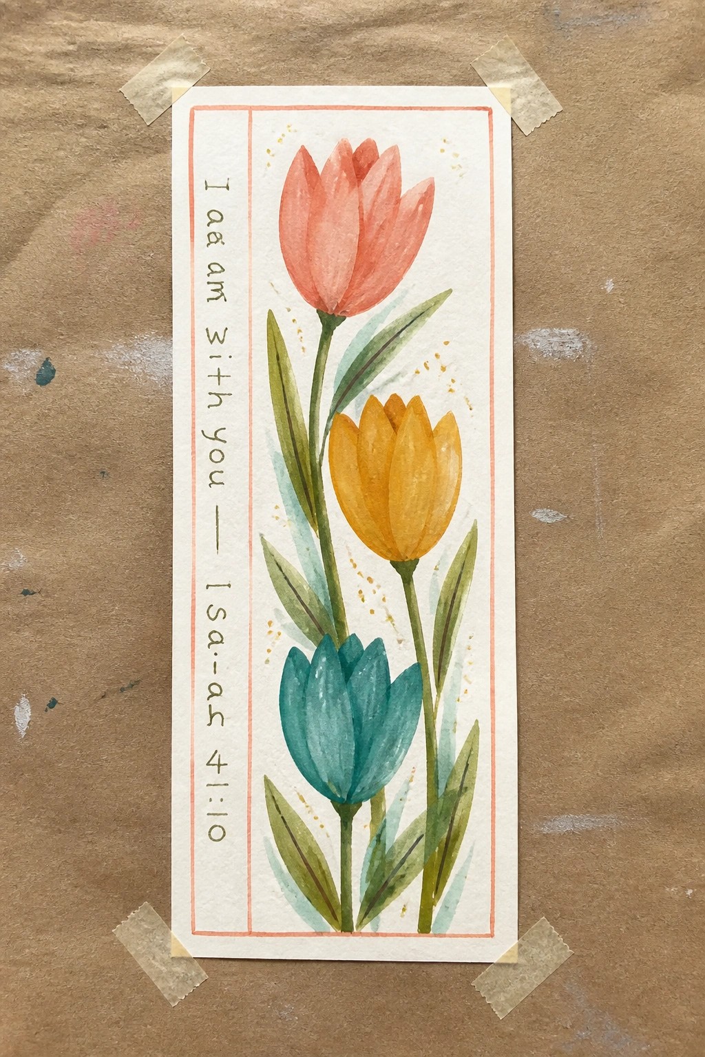 Watercolor card with coral, yellow, and teal tulips beside Isaiah 41:10 verse