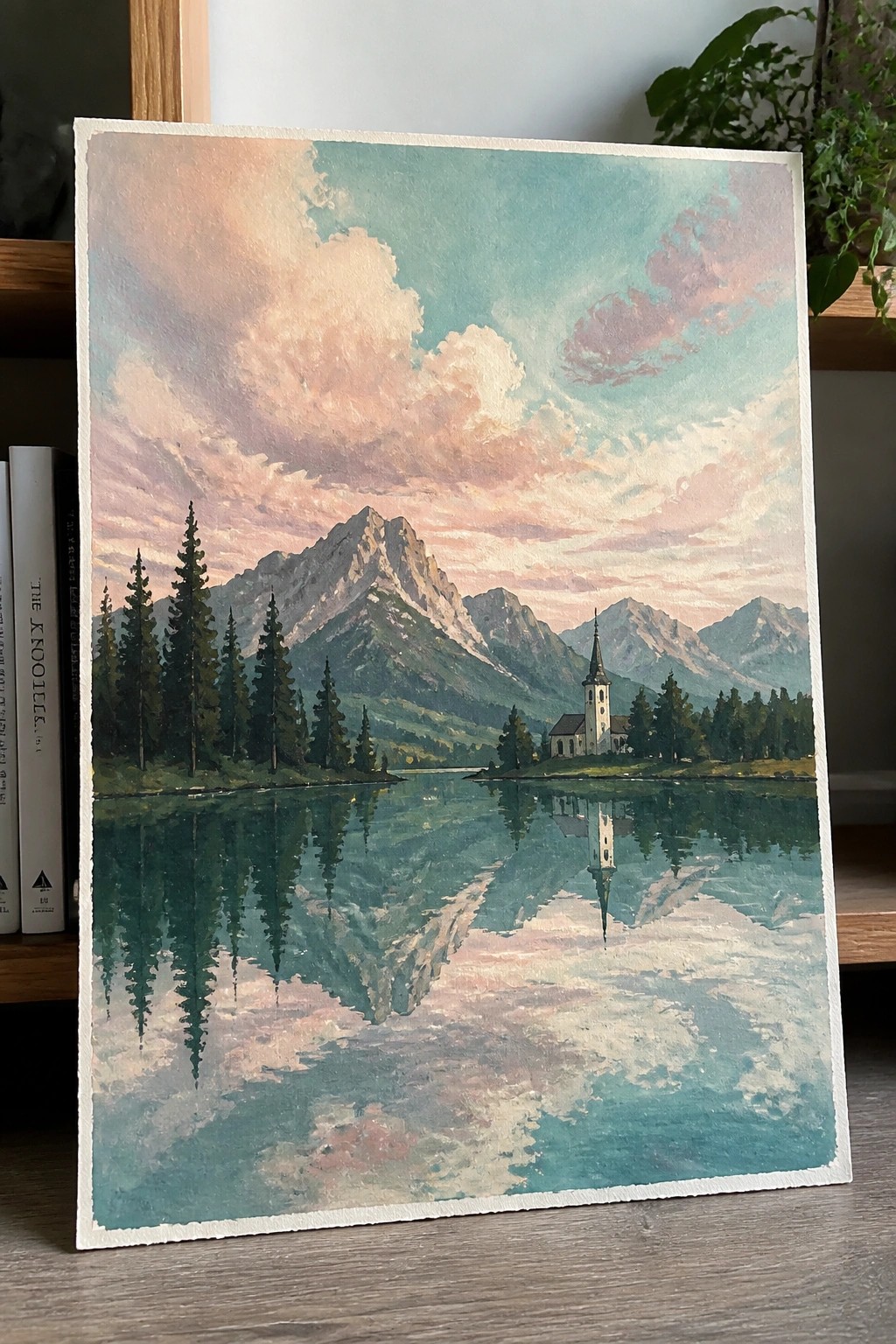 Watercolor landscape of mountains and church reflected in a lake under pink clouds.