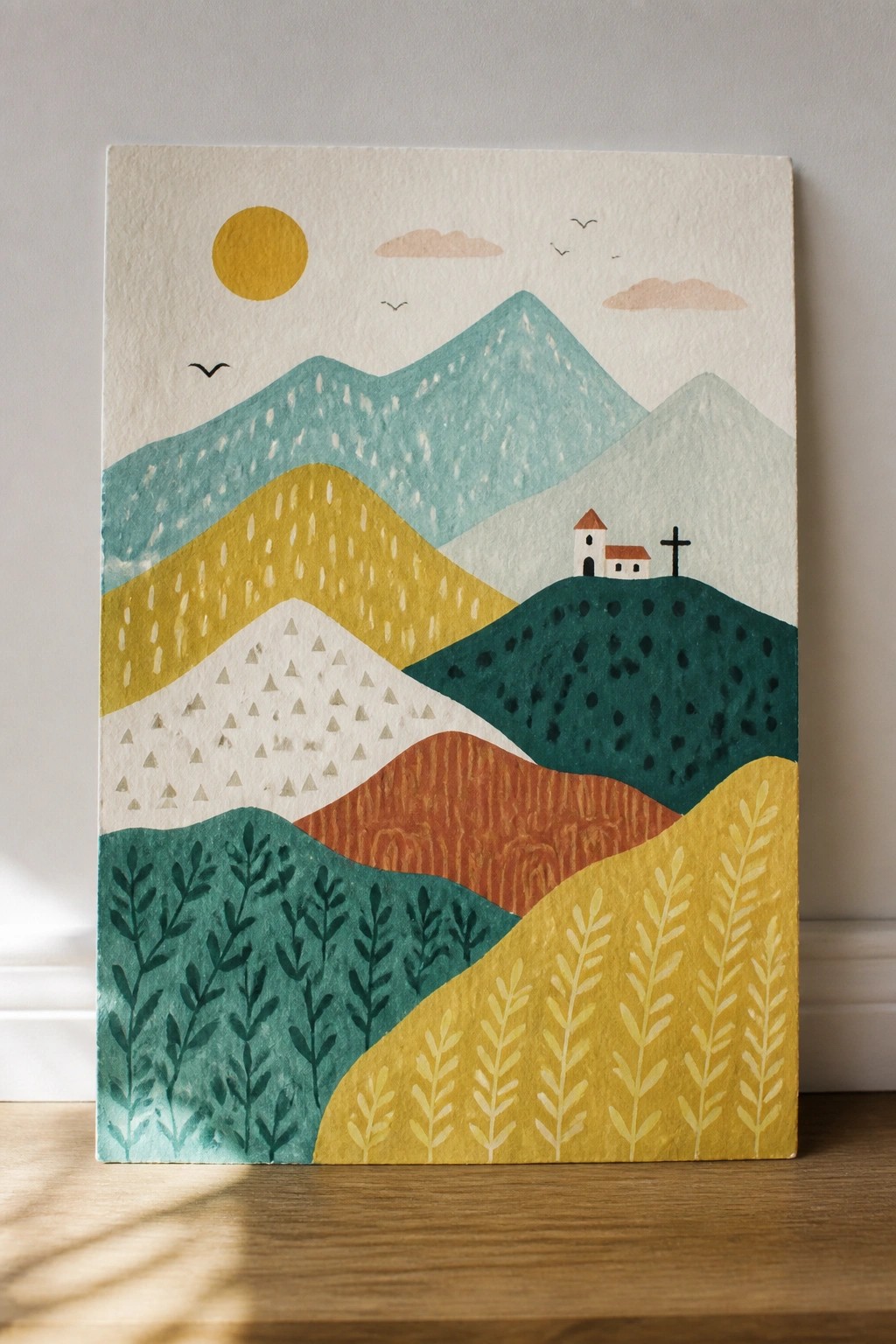 Colorful abstract landscape with layered mountains, church on hill, yellow sun, and birds