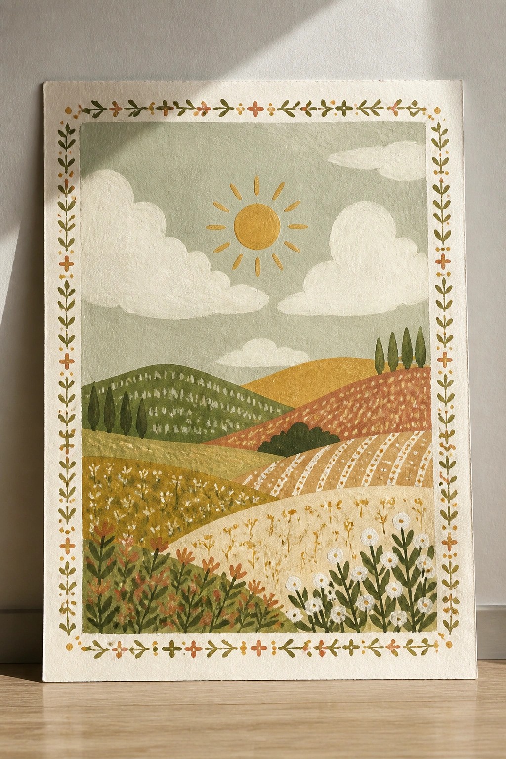 Framed watercolor landscape of sunny hills, patterned fields, flowers, and decorative leafy border.