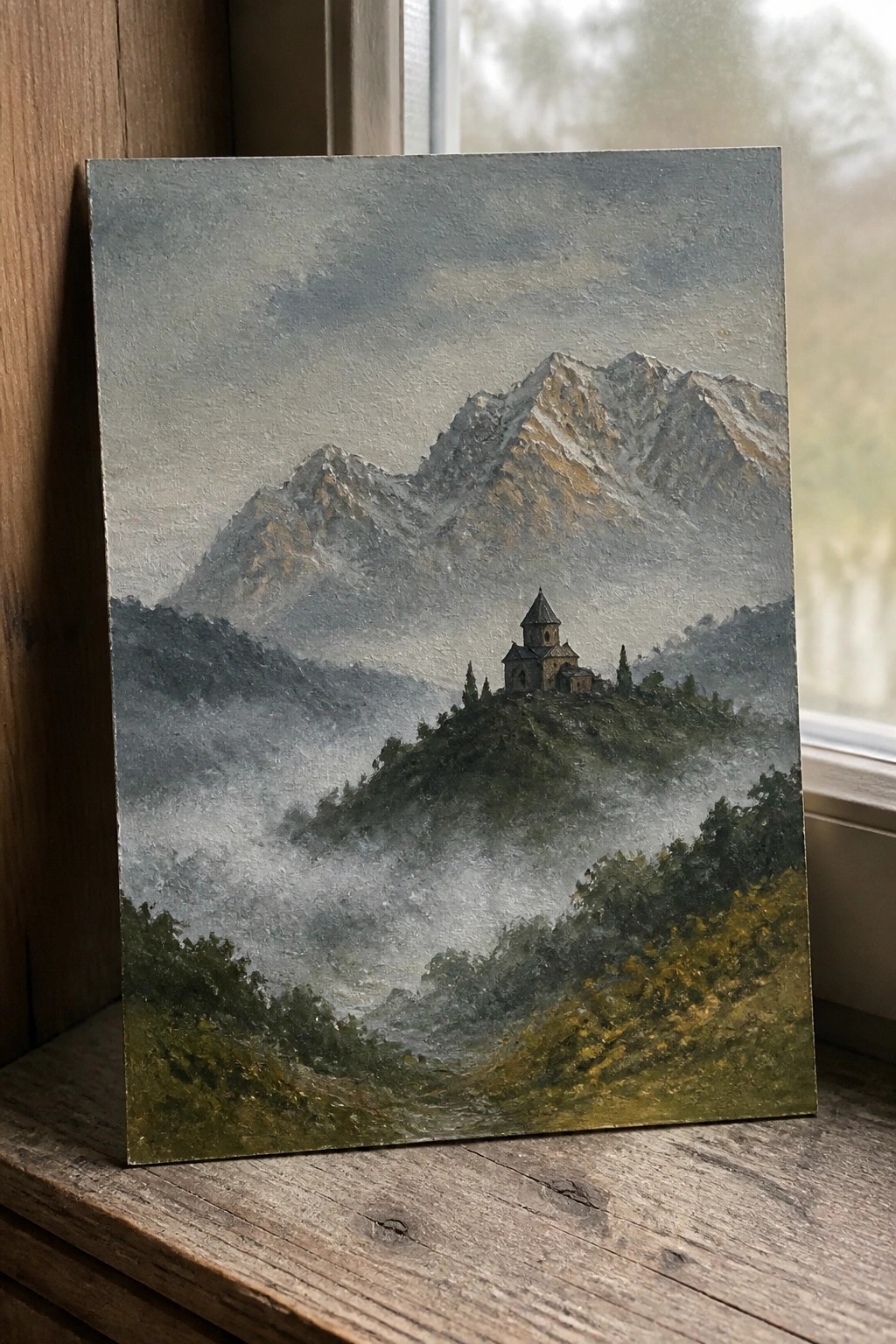 Misty mountain landscape painting with stone church on foggy forested hill