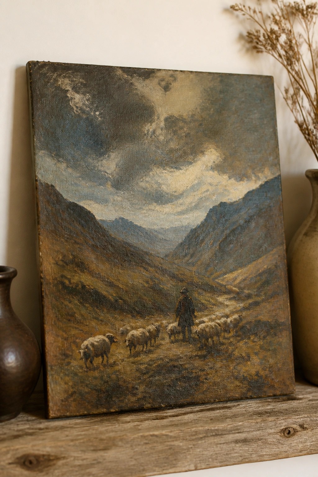 Worn painting of shepherd herding sheep through cloudy mountain valley beside vases
