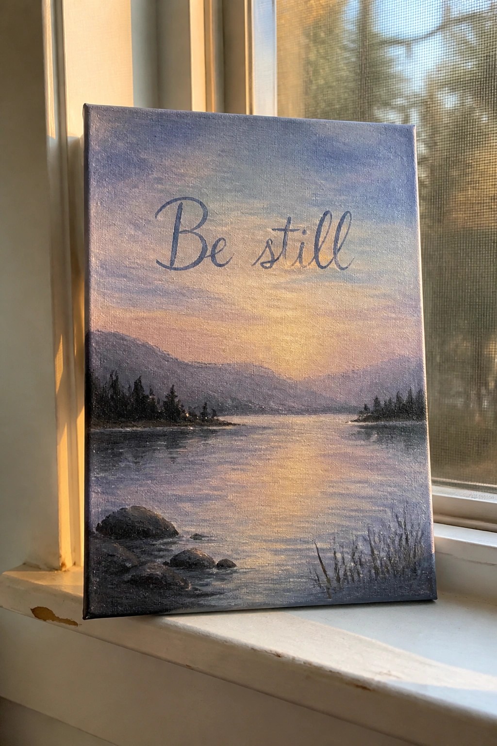 Canvas painting of sunset lake with 