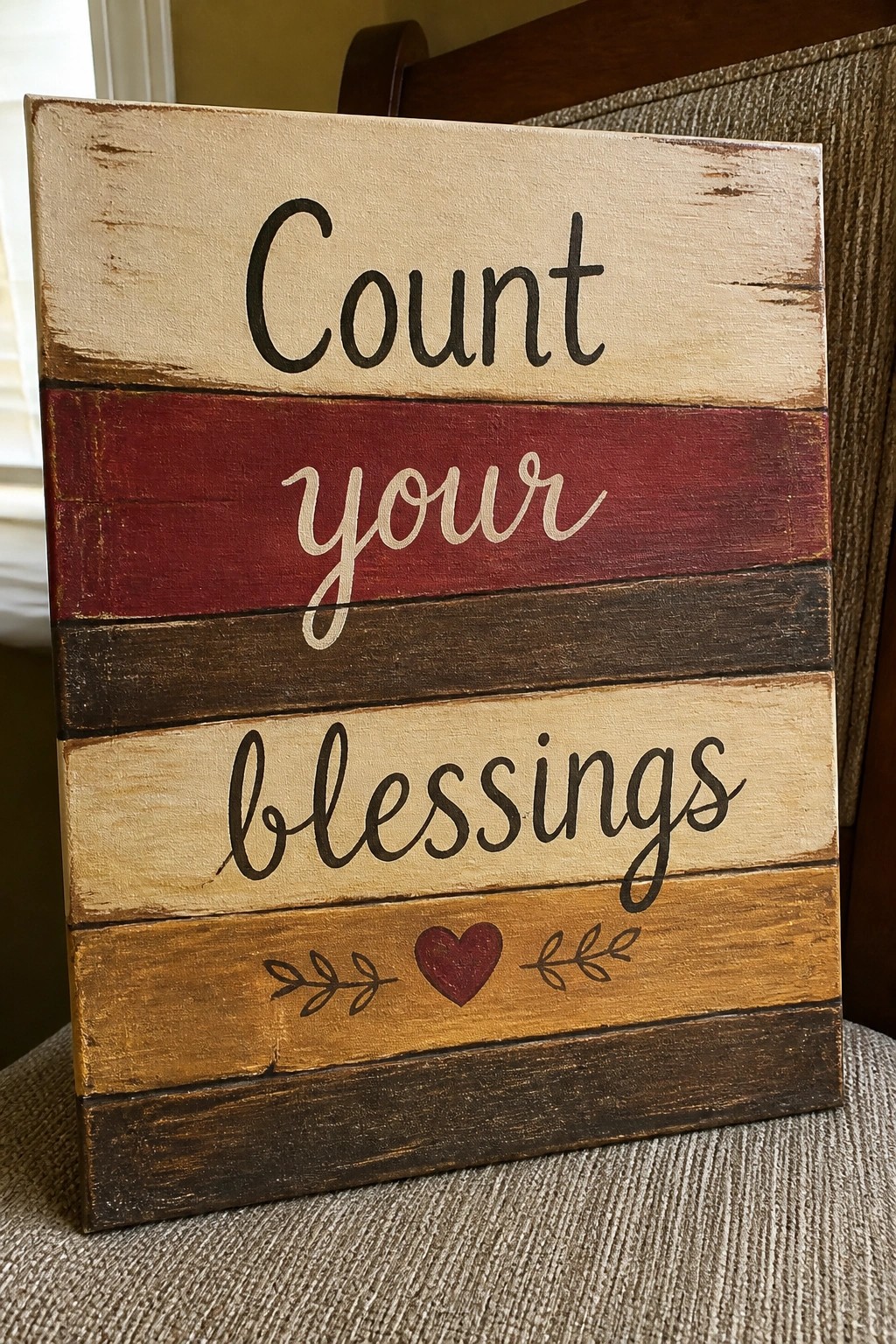 A rectangular sign painted with horizontal wood planks shows the words Count your blessings above a red heart flanked by leaf designs.