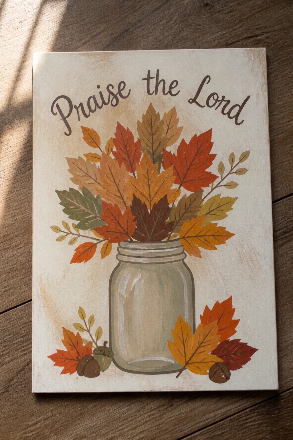 Rustic canvas painting of autumn leaves in a jar with 
