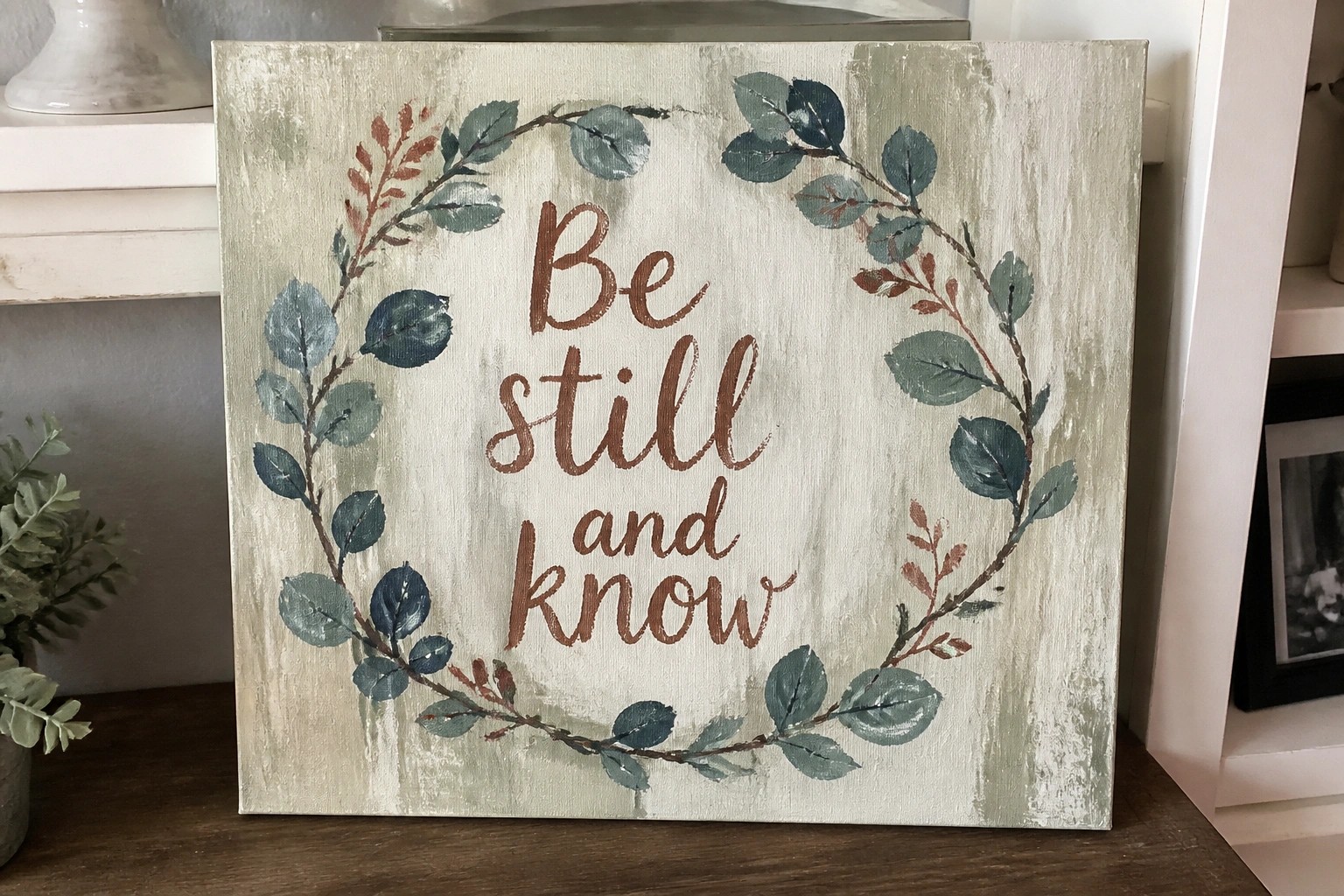 Canvas painting with green leaf wreath and "Be still and know" text on shelf