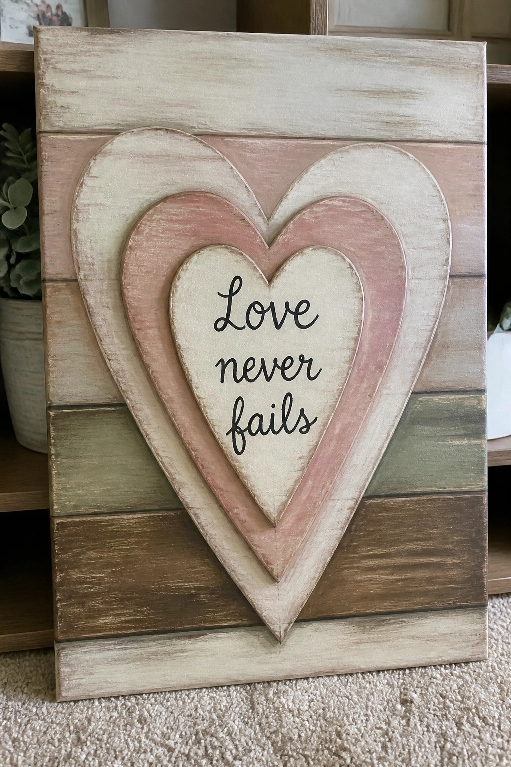 Rustic distressed wooden sign with layered pink hearts and 