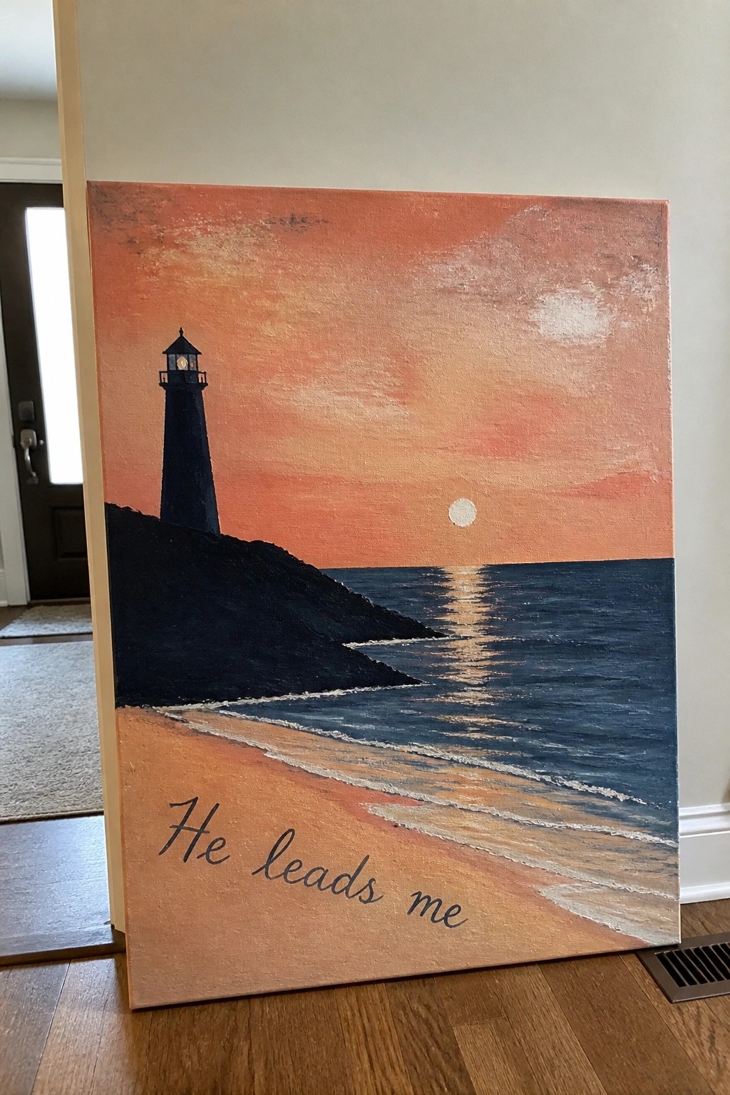 Painted seascape of black lighthouse on cliff by orange sunset ocean with 