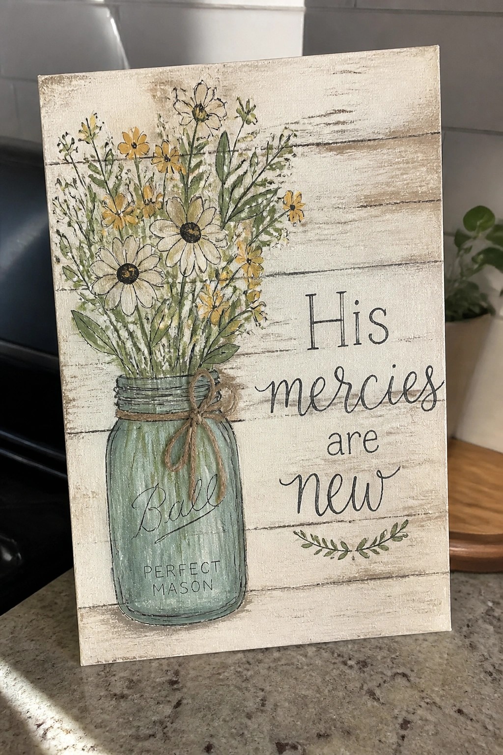 Rustic sign with Ball mason jar of daisies and 