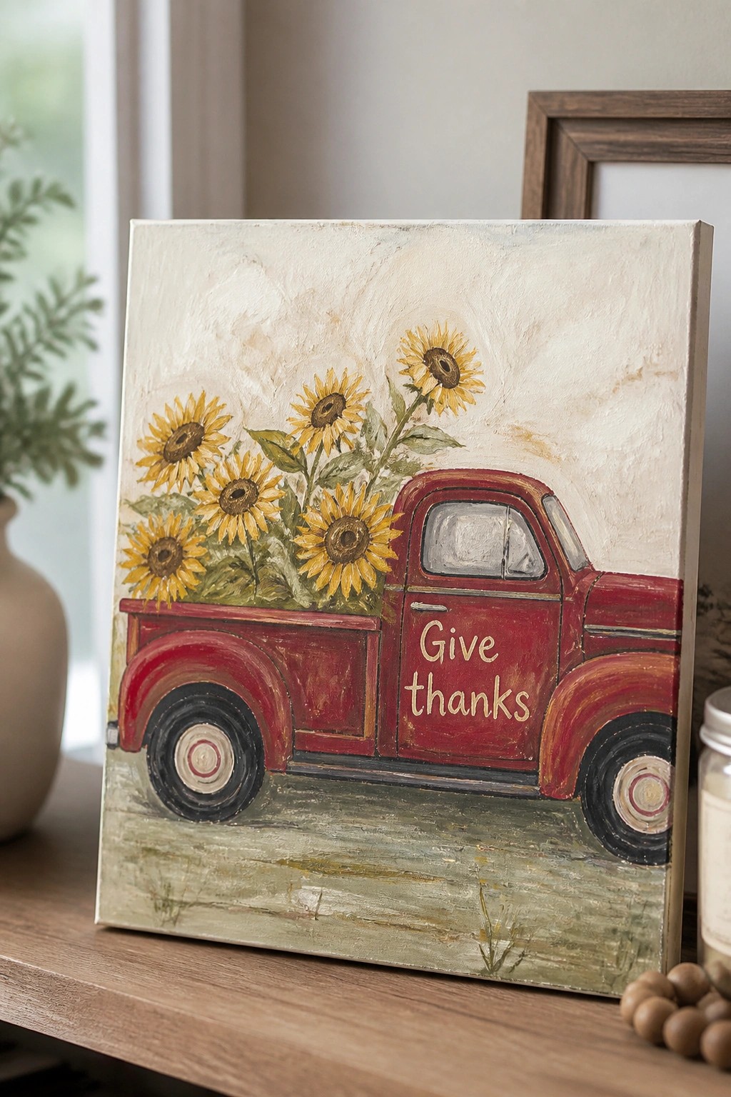Red vintage truck painting with sunflowers and 