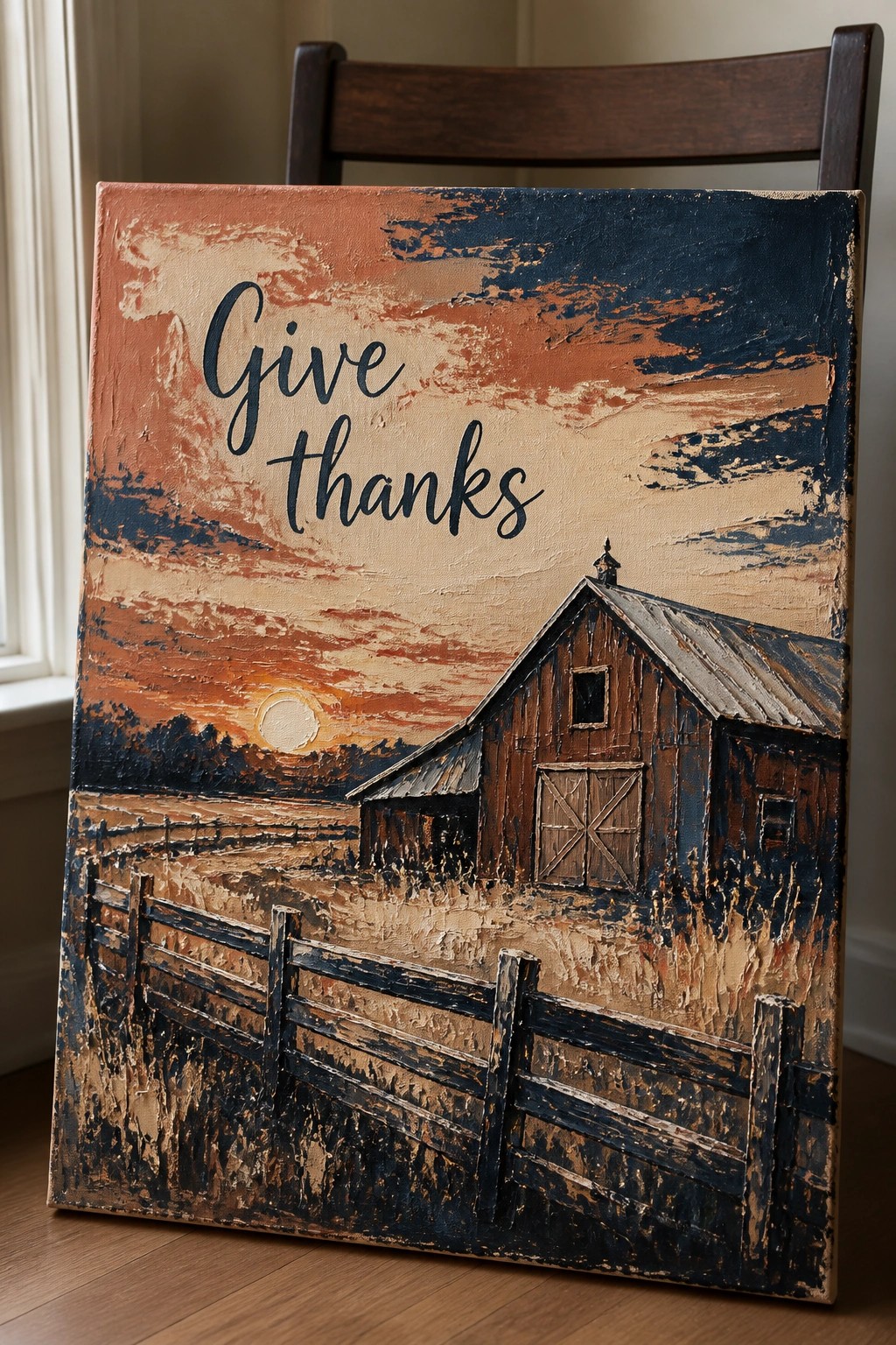 Textured painting of rustic barn at sunset with wooden fence and 
