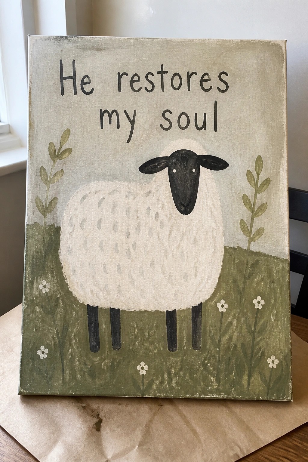 Painted canvas of white sheep in green field with text 