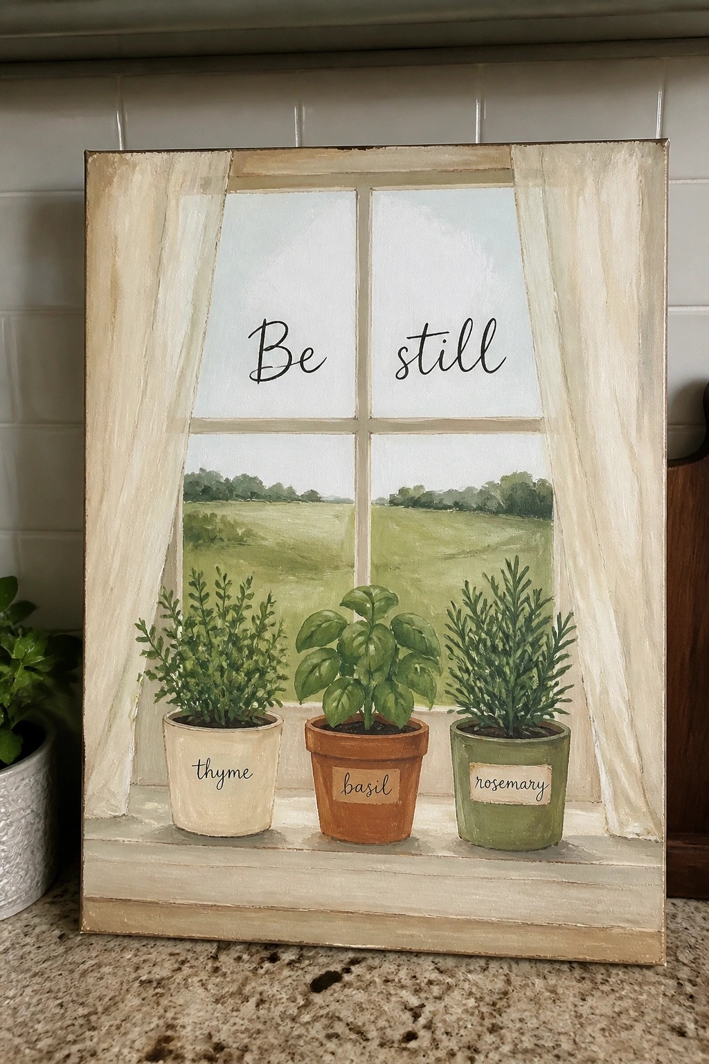 Distressed framed painting of window with curtains, 