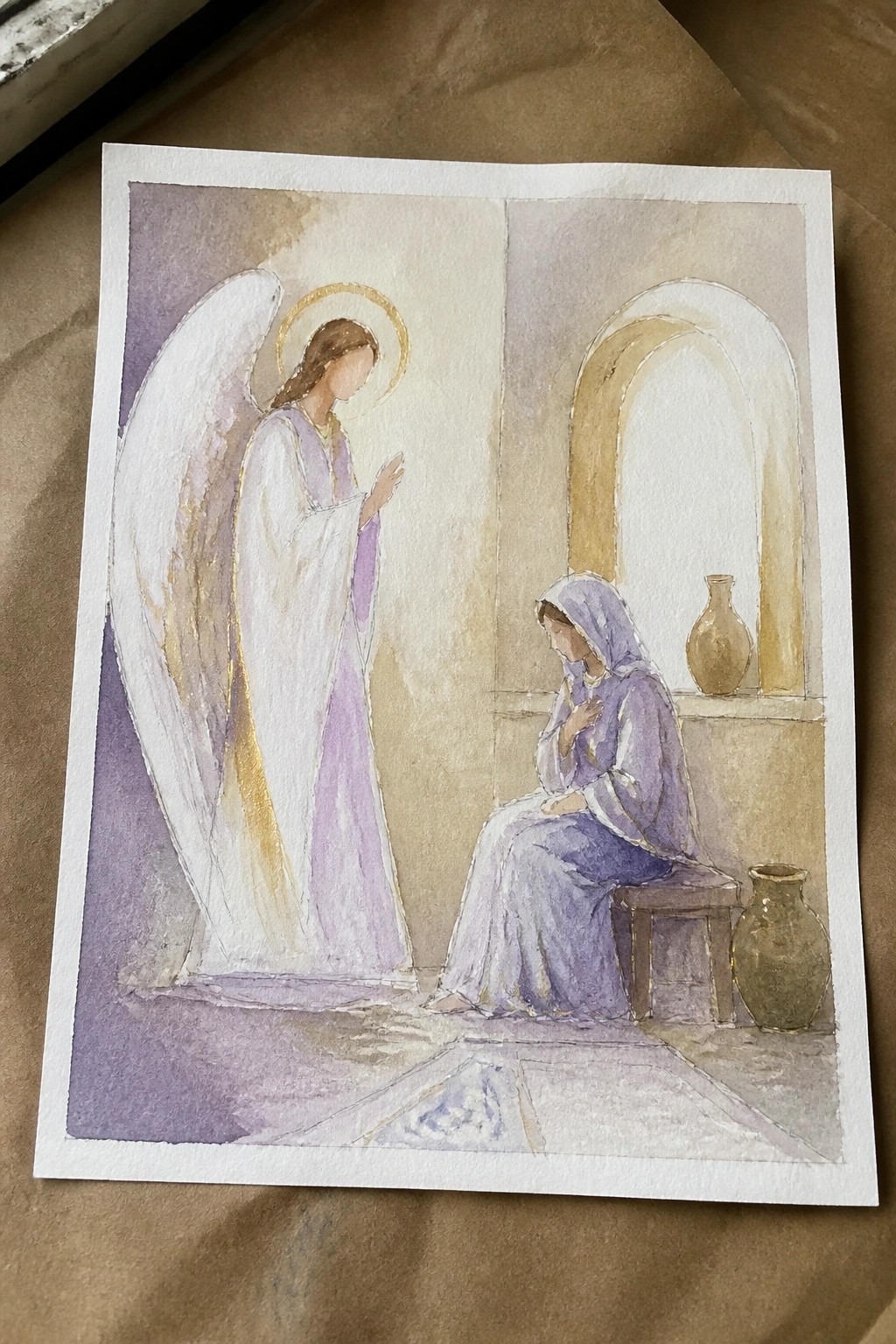 Watercolor angel with white wings and halo greets seated woman in purple robes