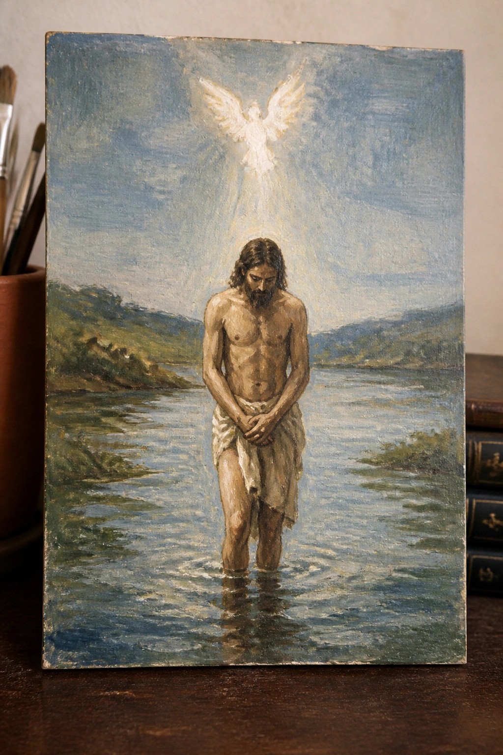 Jesus in river under glowing dove, paintbrushes left and books right, oil painting.