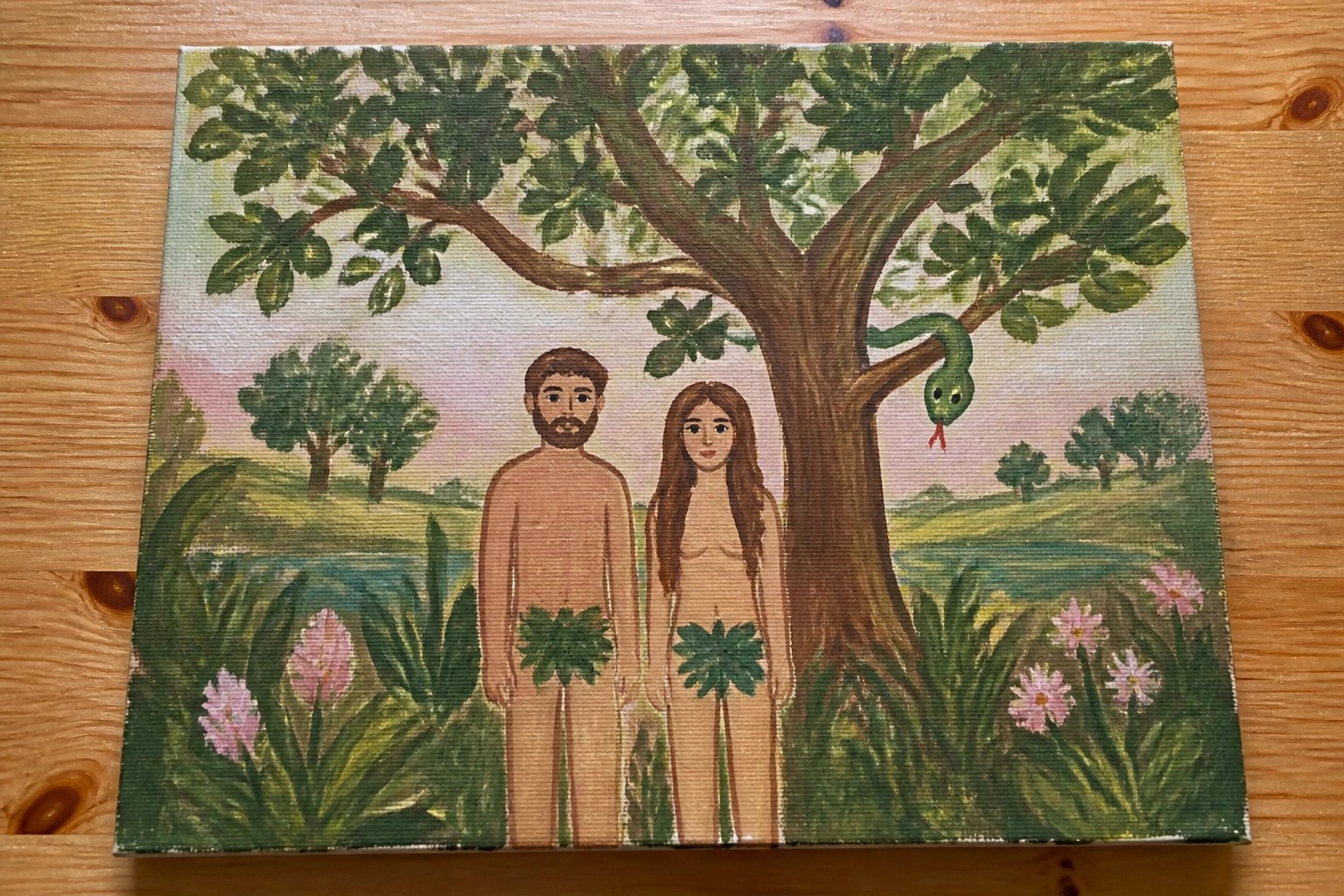 Nude man and woman by tree with green snake in flower-filled garden painting