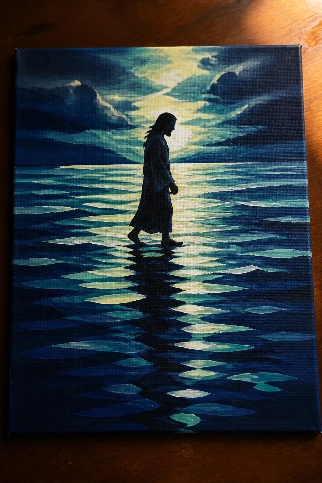 Silhouetted robed figure walks barefoot on glowing path across dark blue stormy sea.