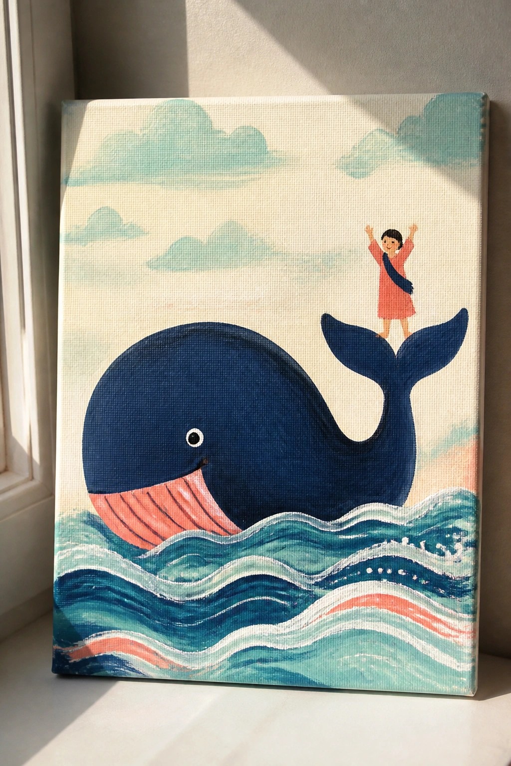 Colorful painting of blue whale with child in red on tail above ocean waves.