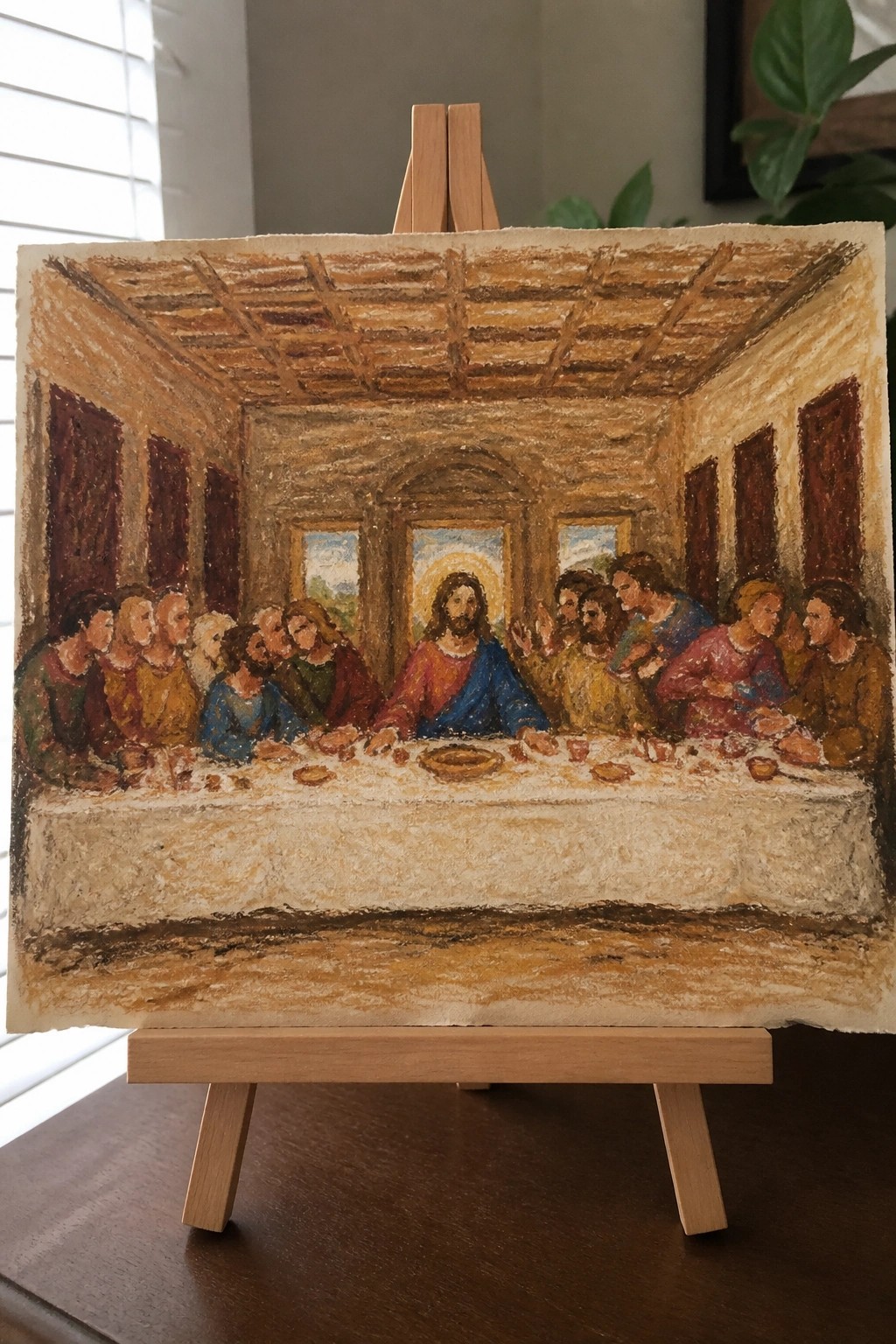 Pastel painting of Last Supper showing Jesus and disciples at table on wooden easel.