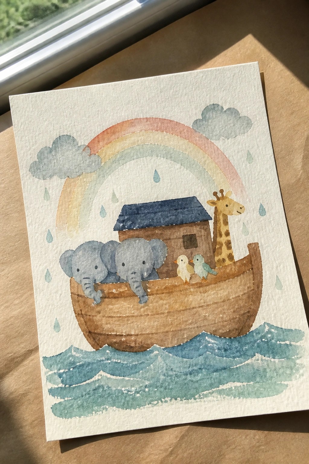 Watercolor of elephants, birds, and giraffe on an ark boat under a rainbow with rain.