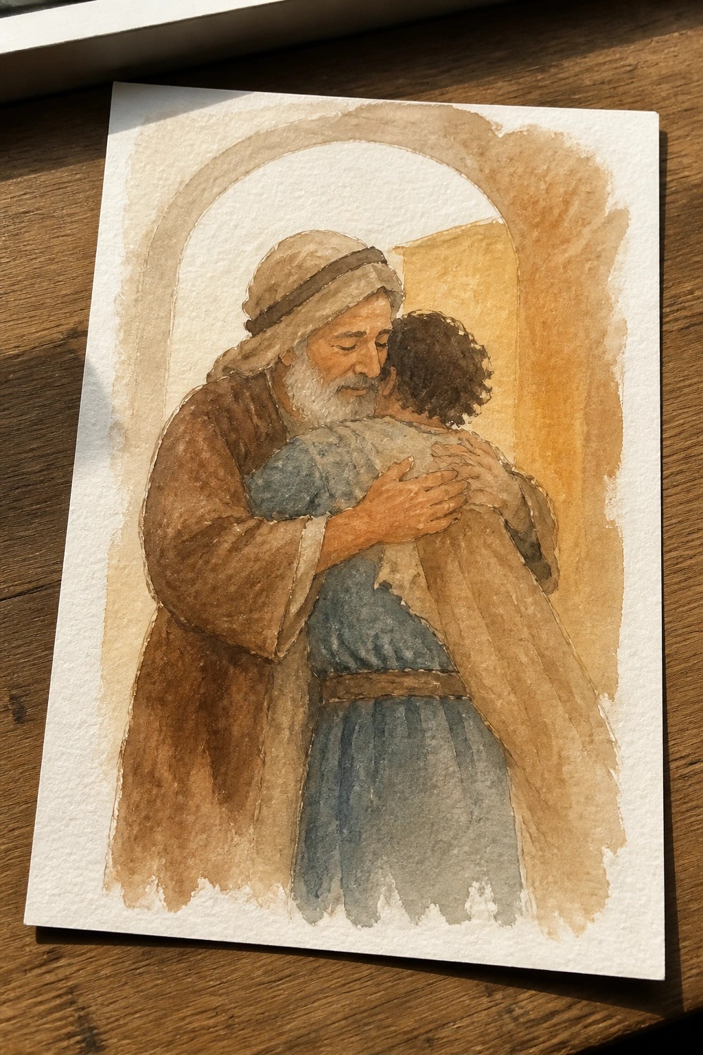Watercolor of bearded man in brown robe embracing youth in blue tunic under arch.