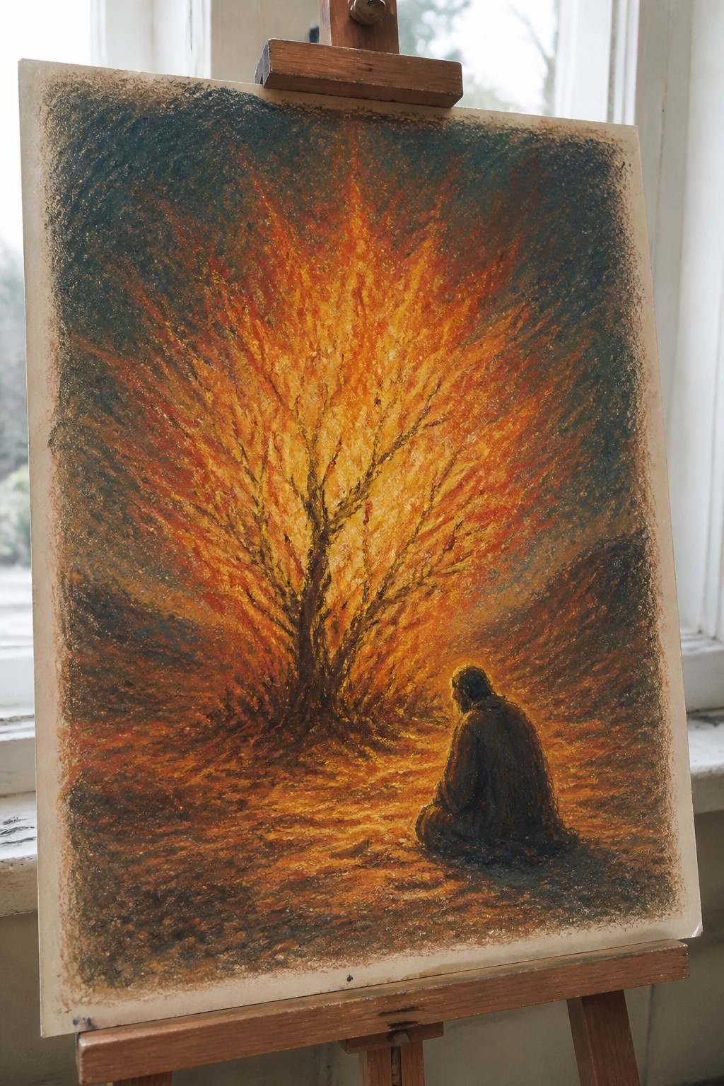 Painting on easel of robed figure seated before vibrant orange tree