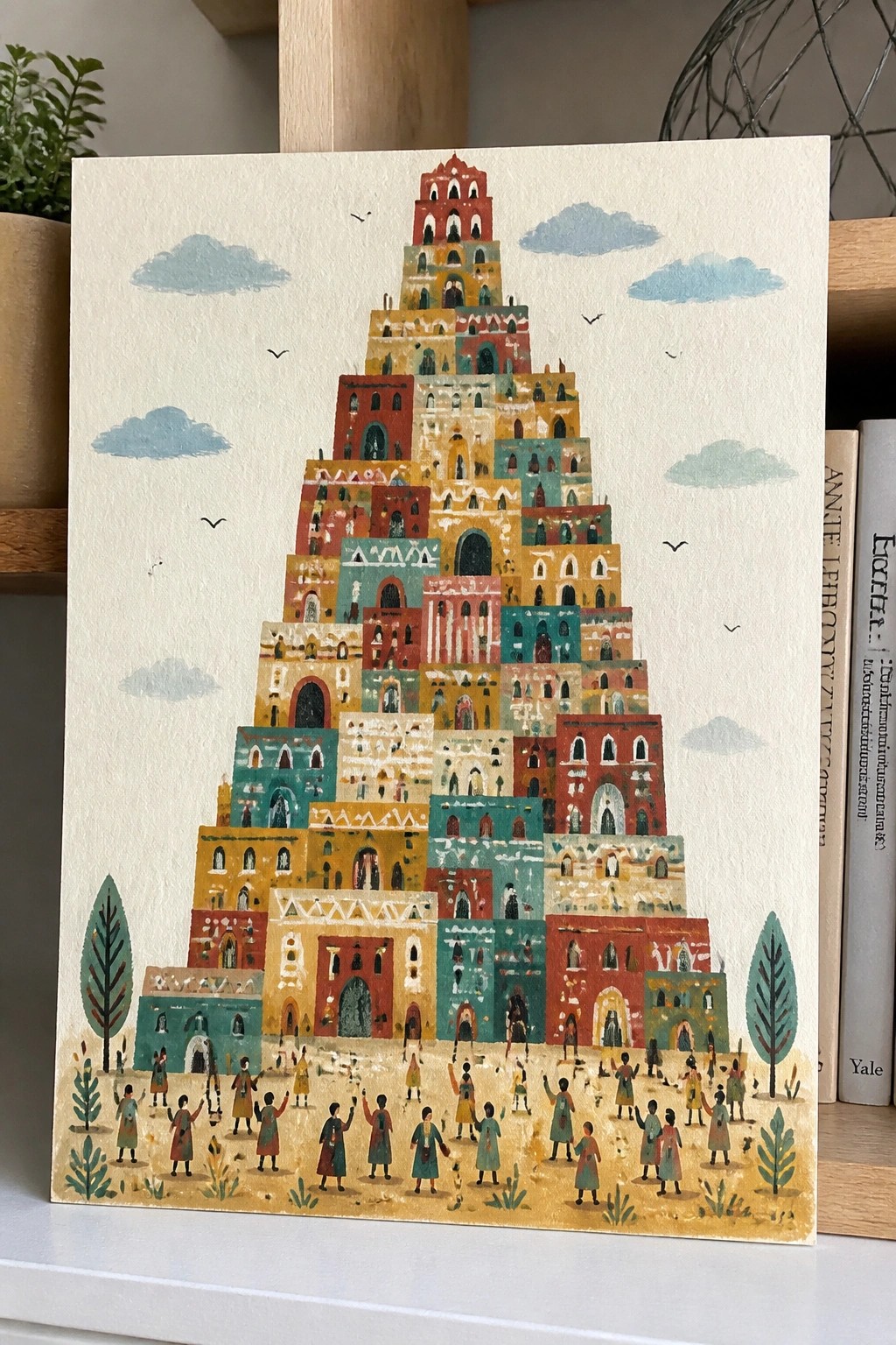 Colorful tiered tower with people in robes at its base amid trees and birds.