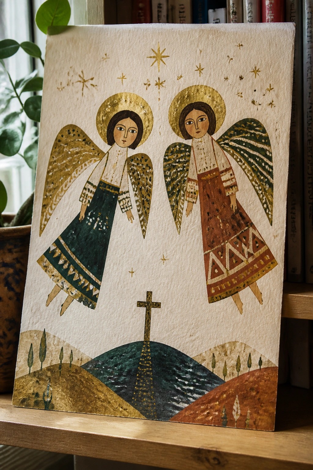Two angels with halos and patterned wings stand above a golden cross on a hill under a starry sky, painted on textured paper with green and brown landscape details.