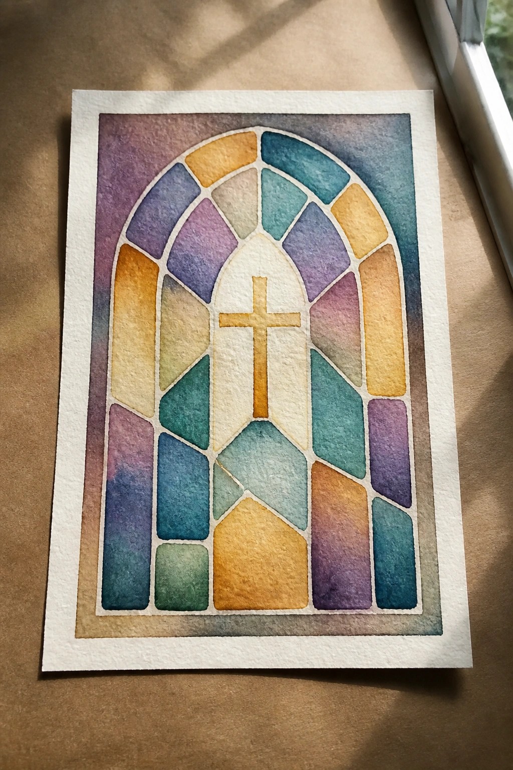 Watercolor of arched stained glass window with central cross in vibrant hues