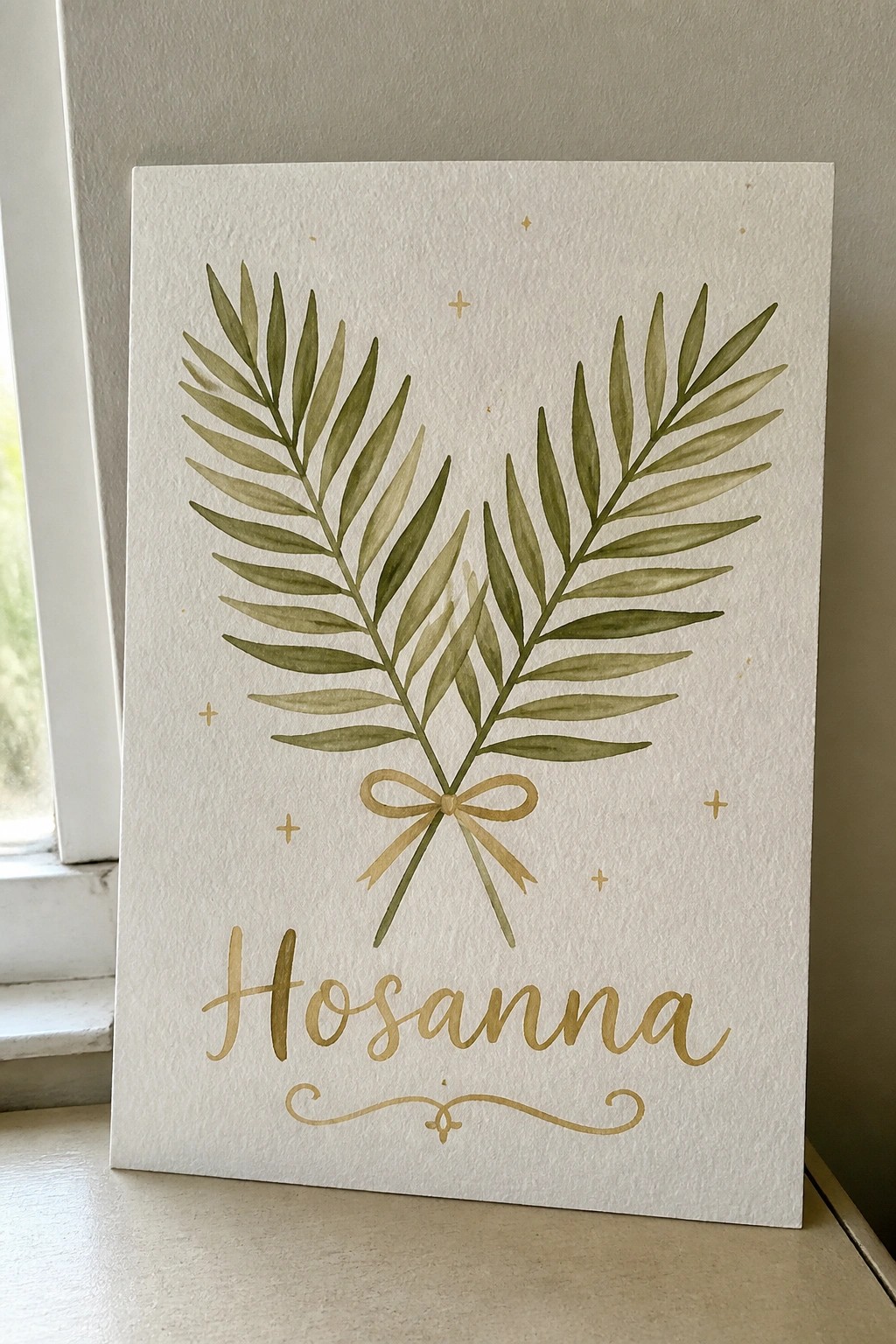 Watercolor green palm fronds tied with gold bow above gold Hosanna lettering on white card