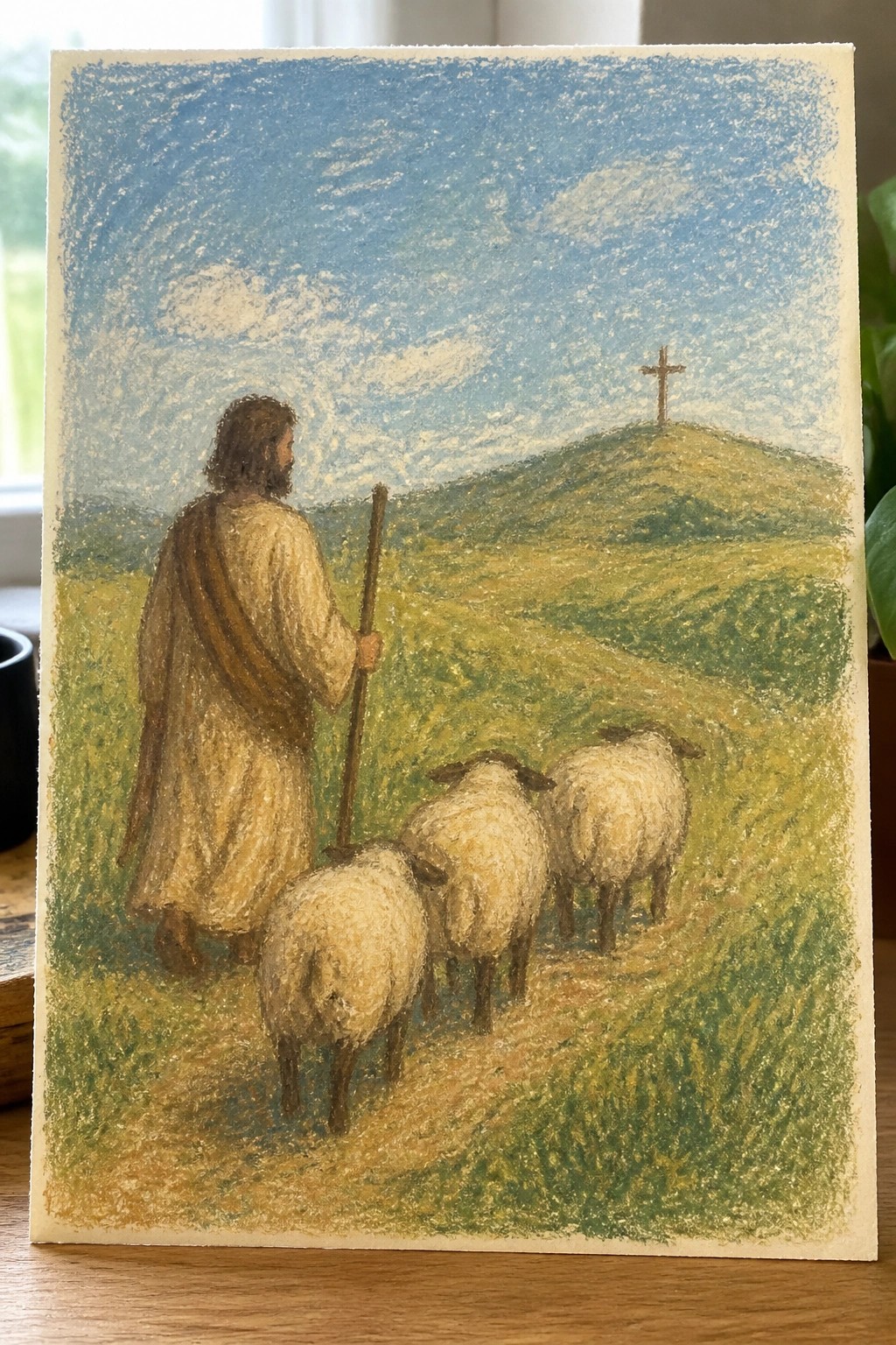 Robe-clad shepherd with staff leads three sheep toward cross on distant hill.