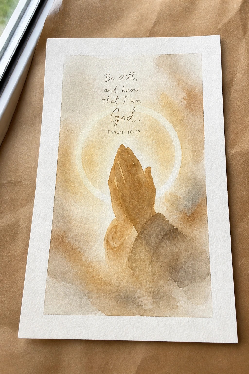 Watercolor of praying hands before glowing circle with 