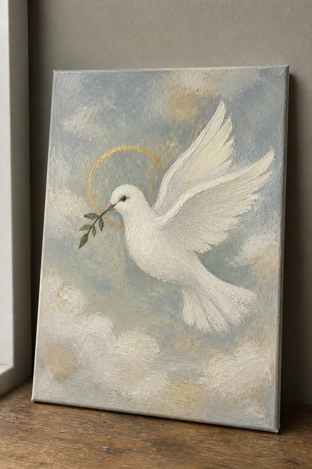 White dove with olive branch and golden halo flying in cloudy blue sky