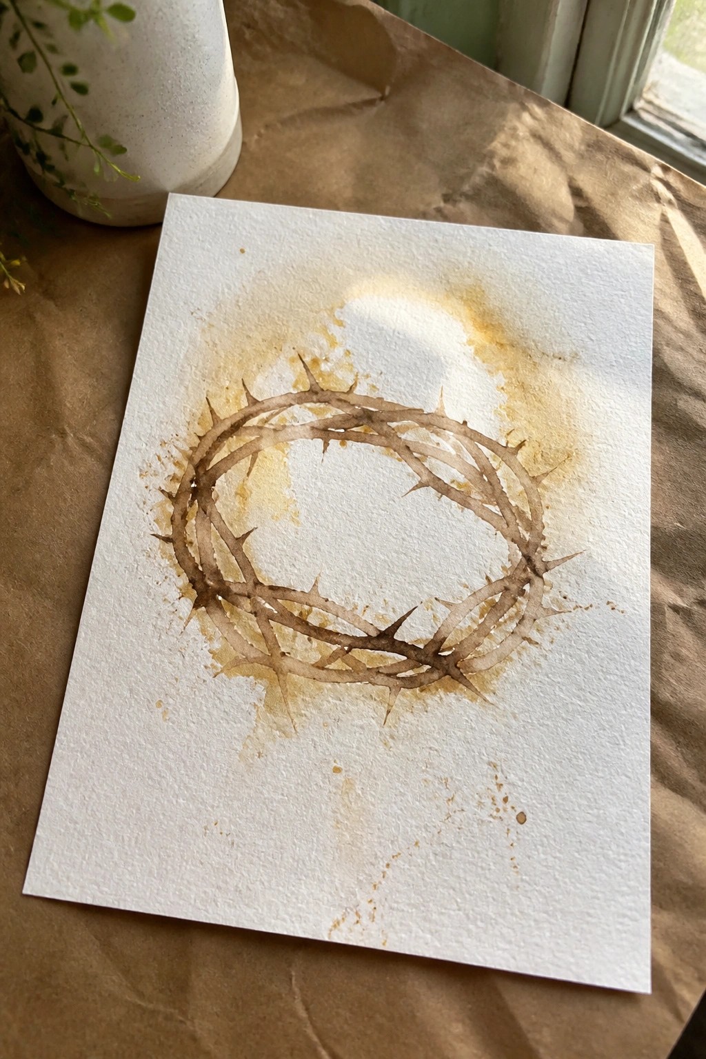 Watercolor crown of thorns on white paper over brown surface beside leafy vase in sunlight