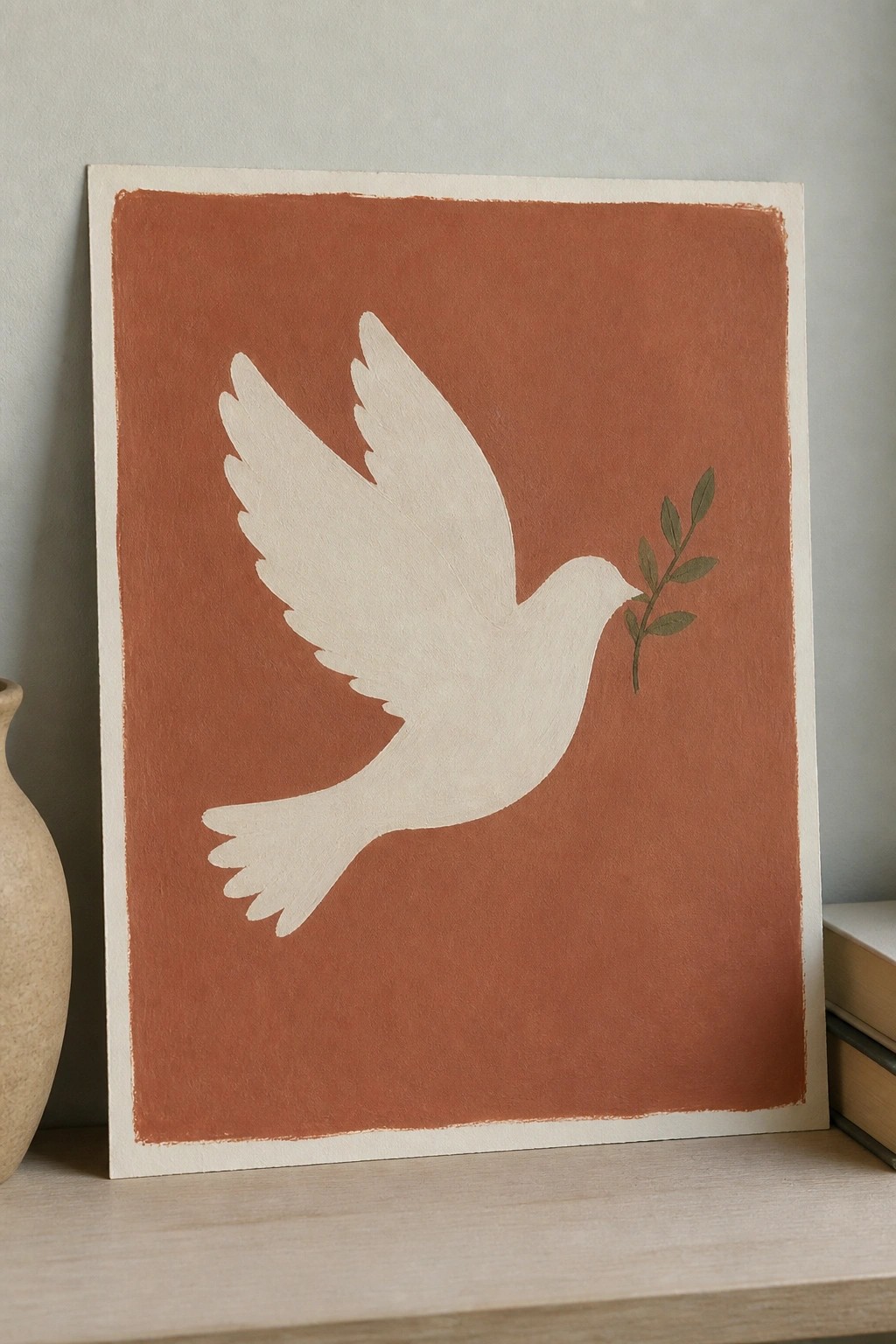 White dove with olive branch on rust-orange background in white frame on shelf