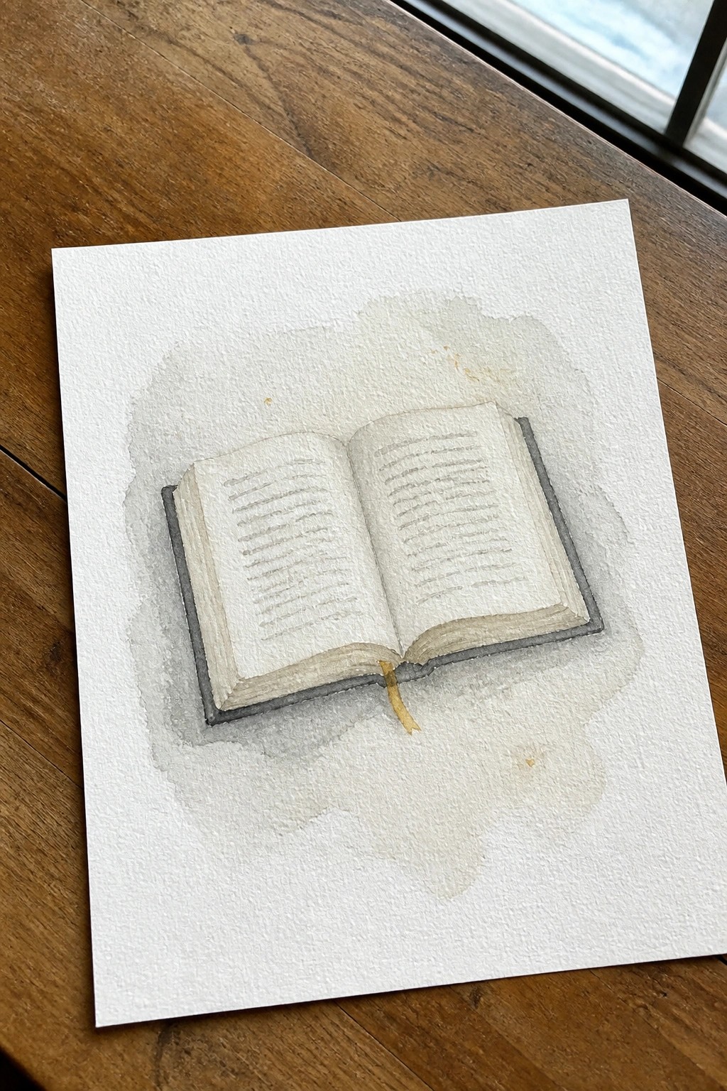 Watercolor painting of an open book with gray cover and yellow ribbon on wood.